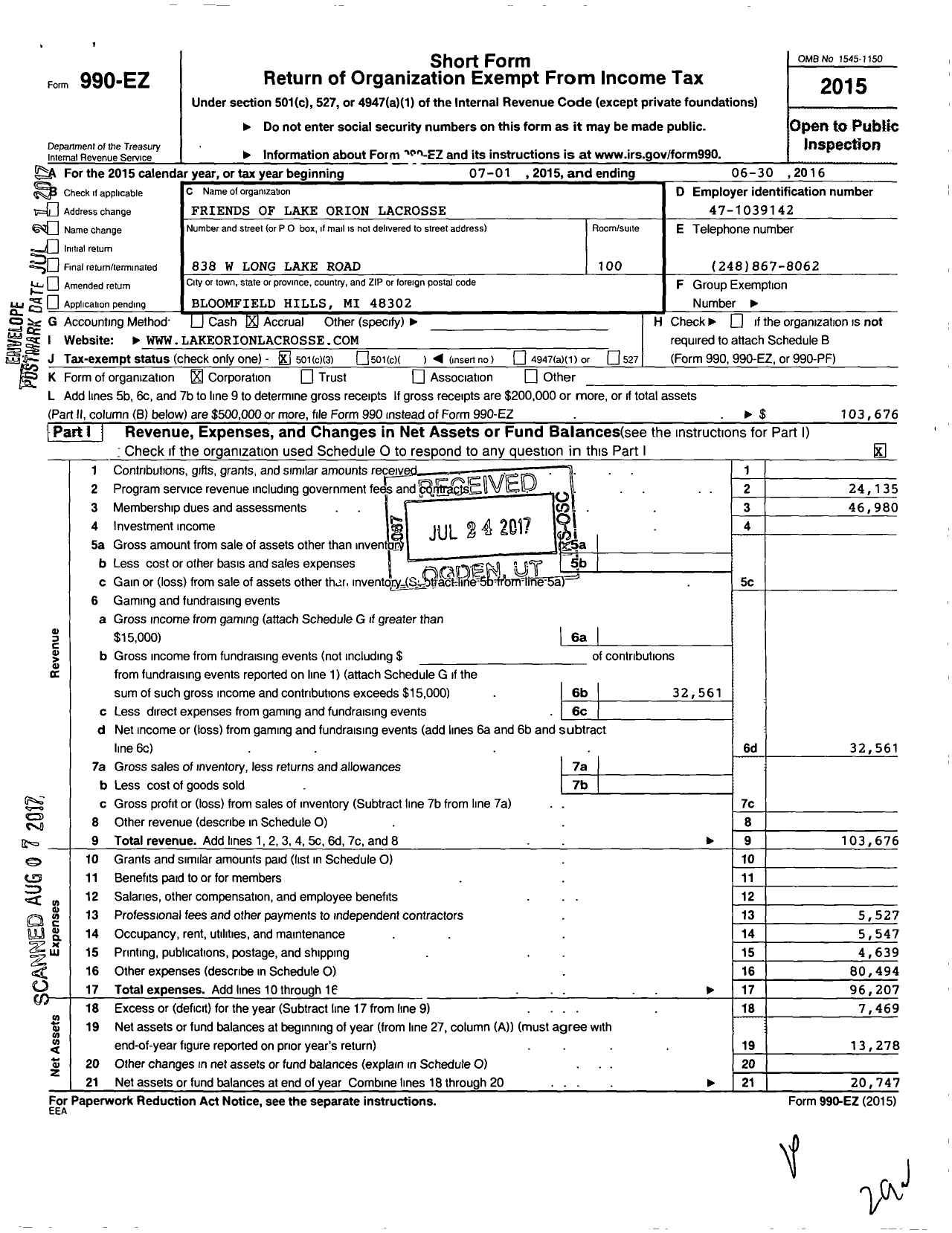 Image of first page of 2015 Form 990EZ for Friends of Lake Orion Lacrosse