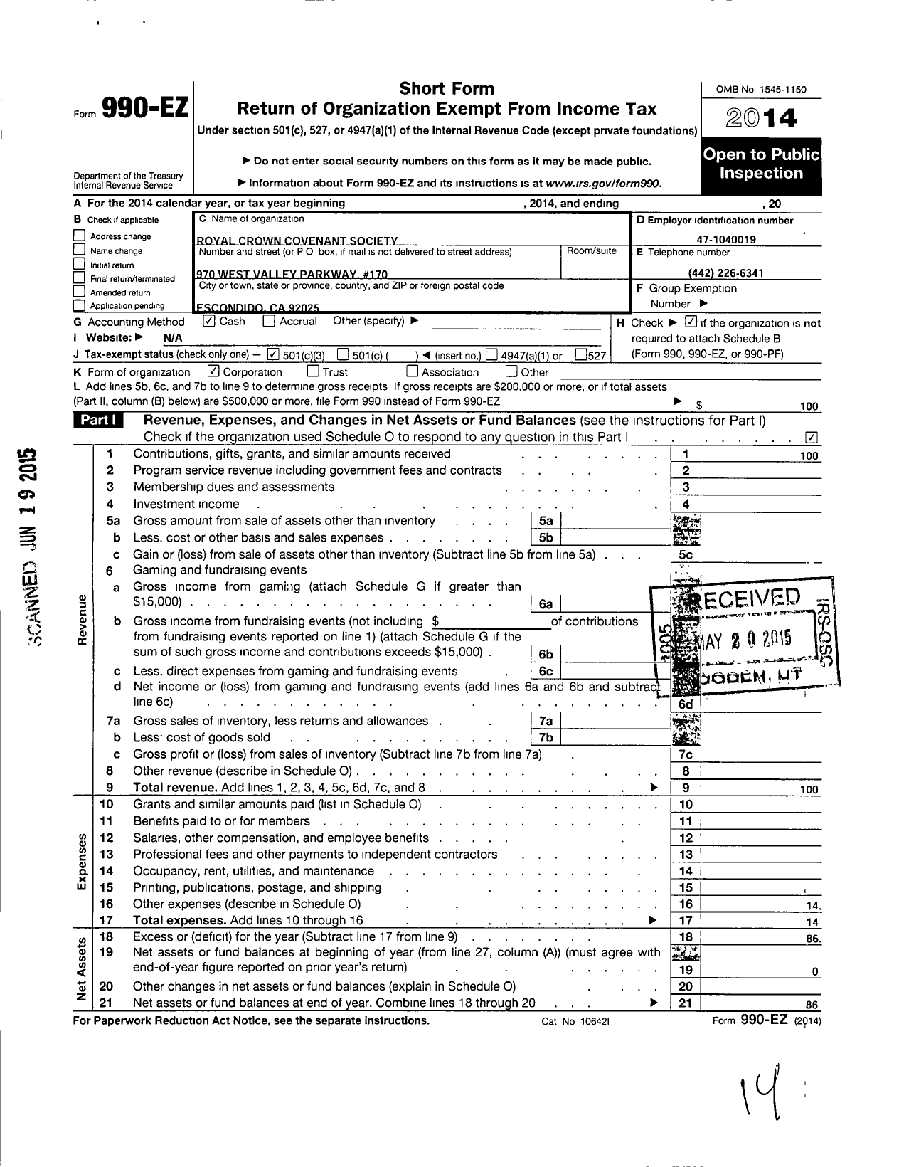 Image of first page of 2014 Form 990EZ for Royal Crown Covenant Society