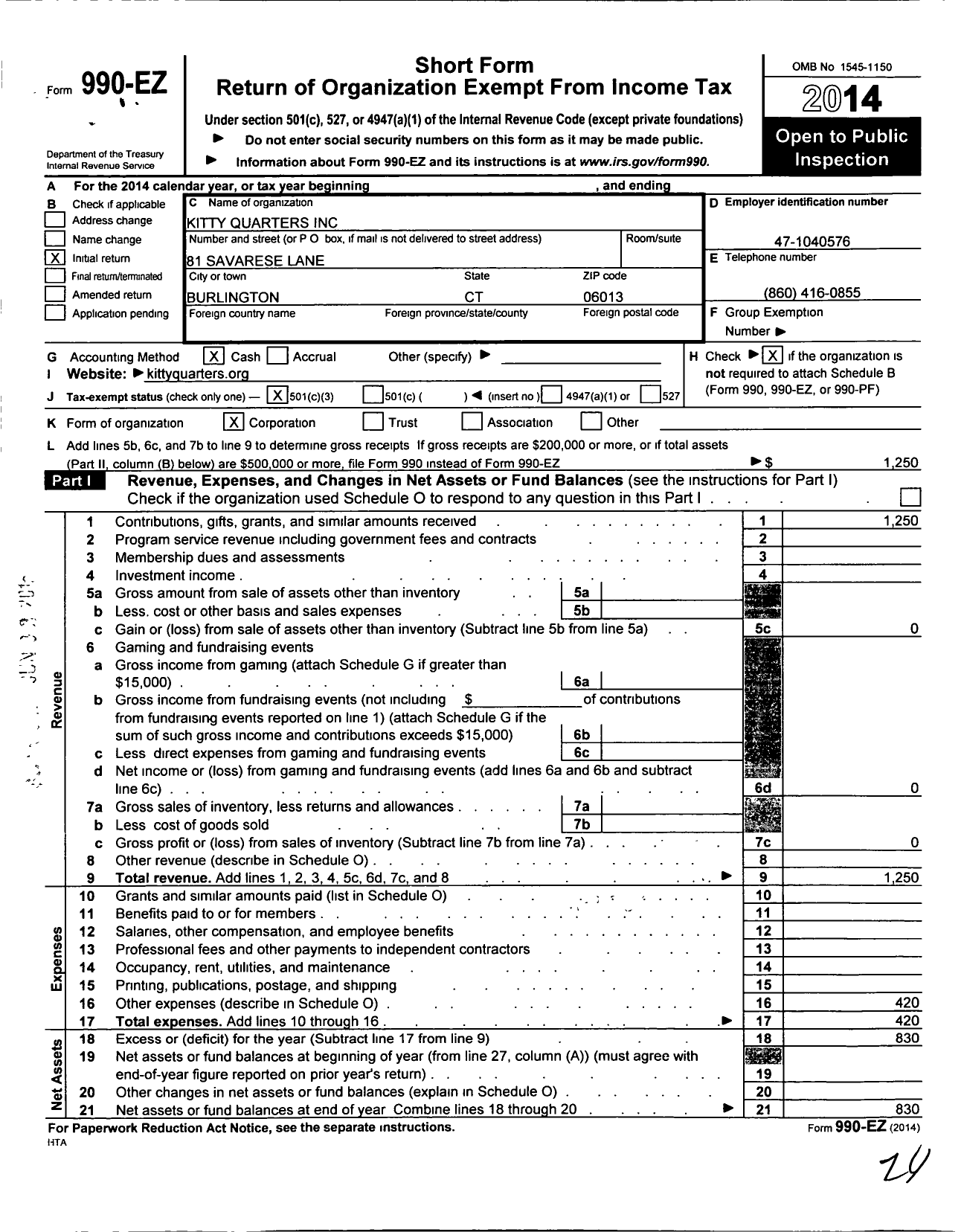 Image of first page of 2014 Form 990EZ for Kitty Quarters