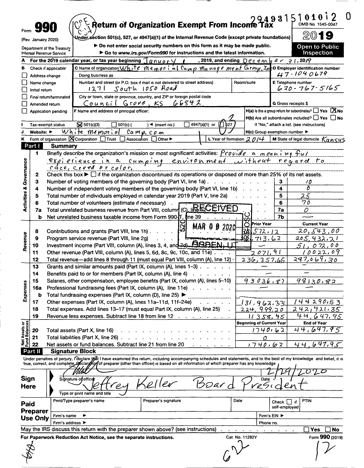 Image of first page of 2019 Form 990 for White Memorial Camp