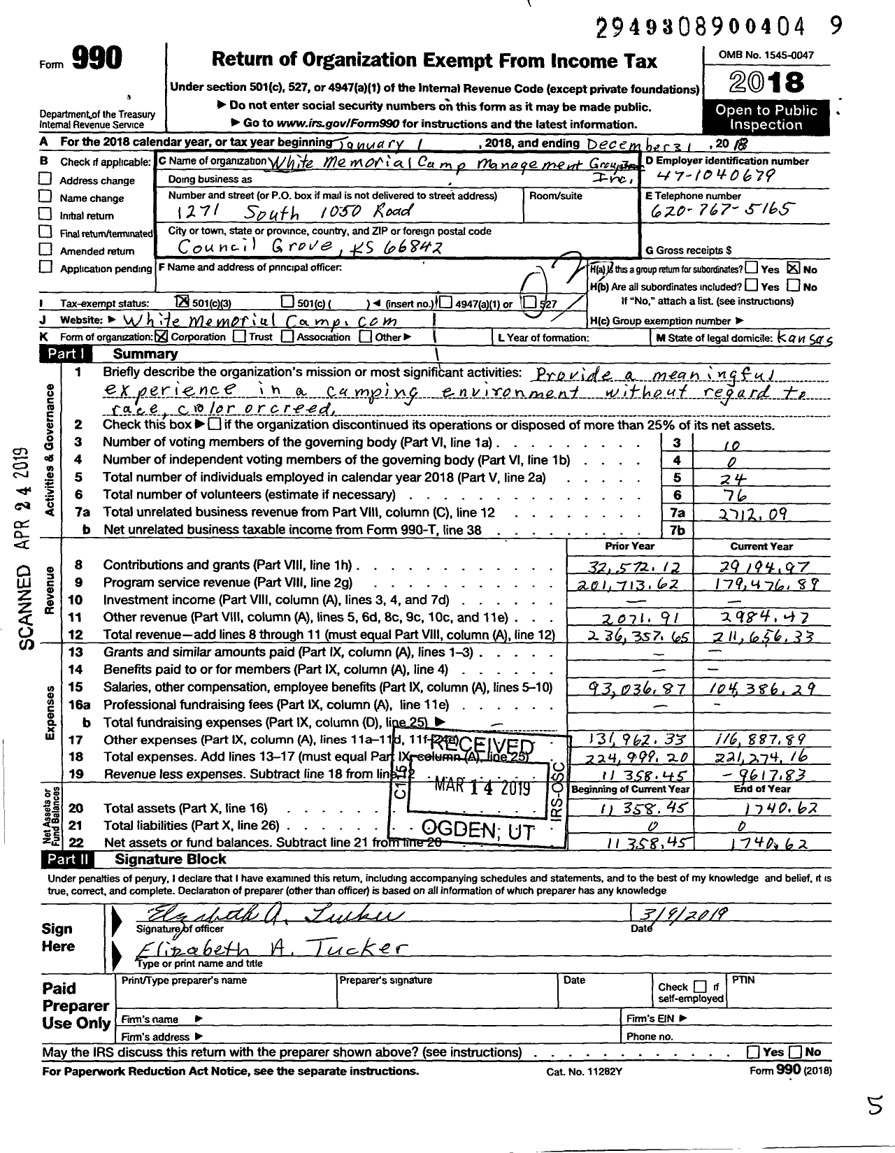 Image of first page of 2018 Form 990 for White Memorial Camp