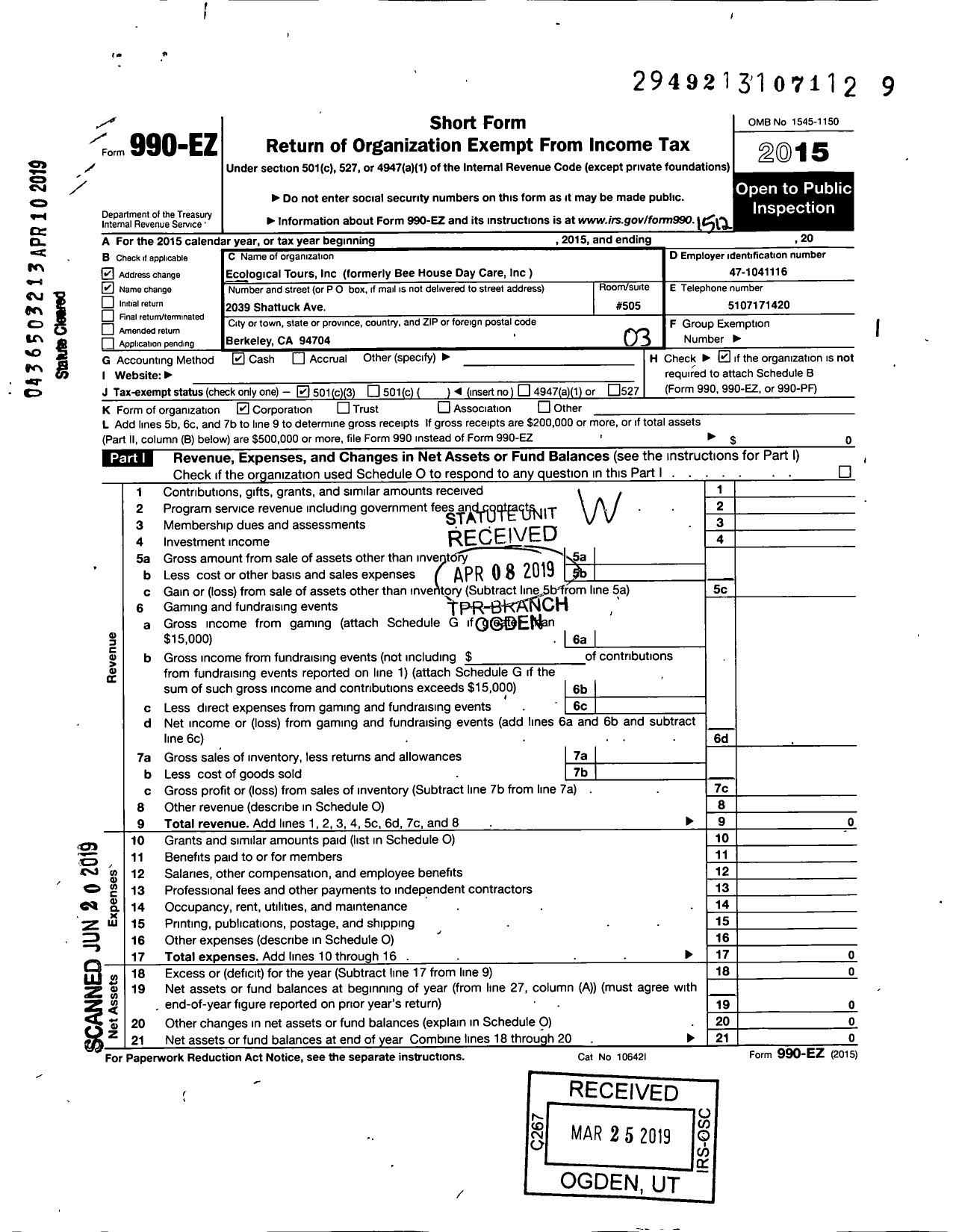 Image of first page of 2015 Form 990EZ for Healing Tide