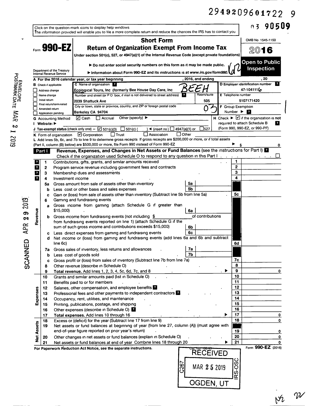 Image of first page of 2016 Form 990EZ for Healing Tide