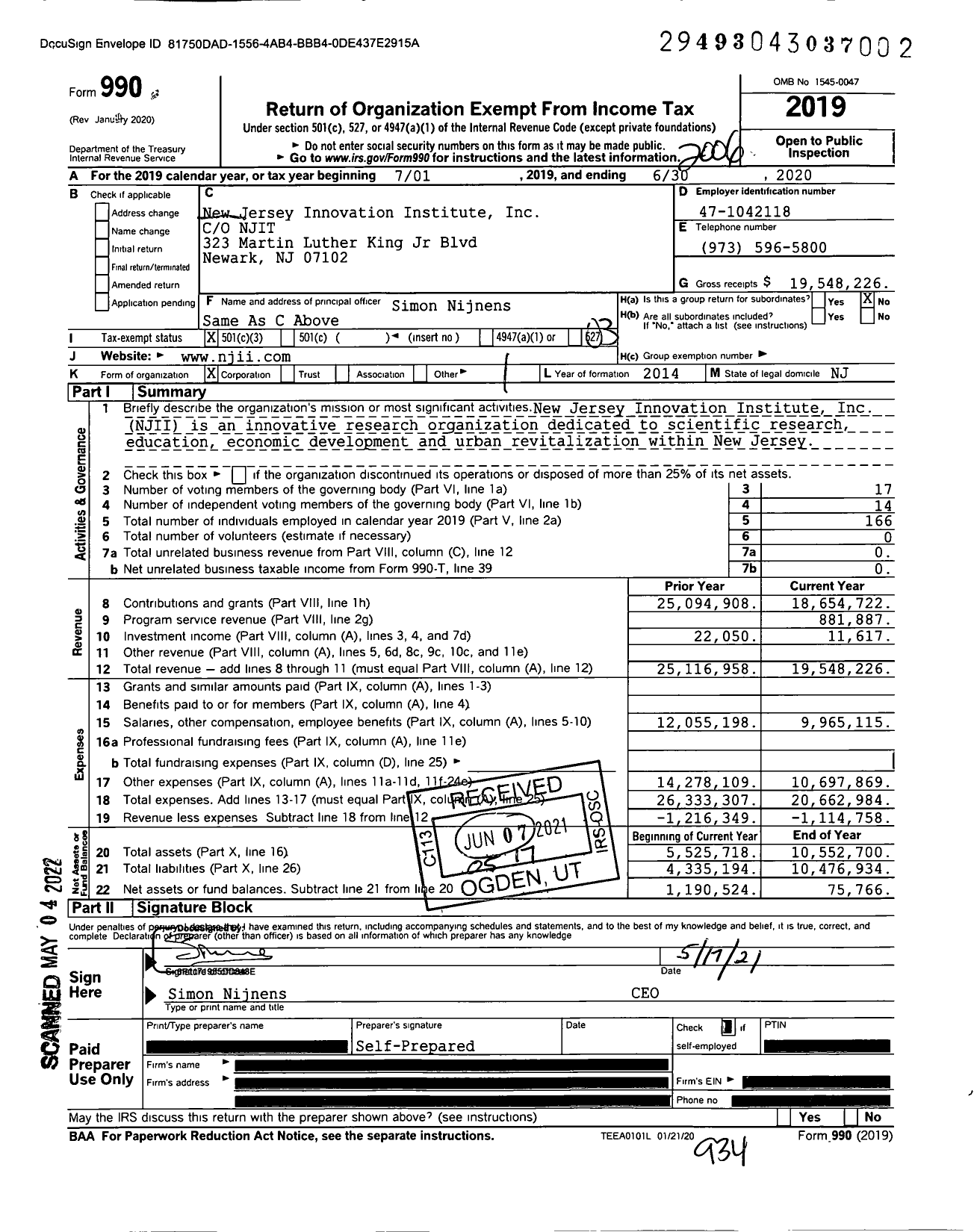 Image of first page of 2019 Form 990 for New Jersey Innovation Institute