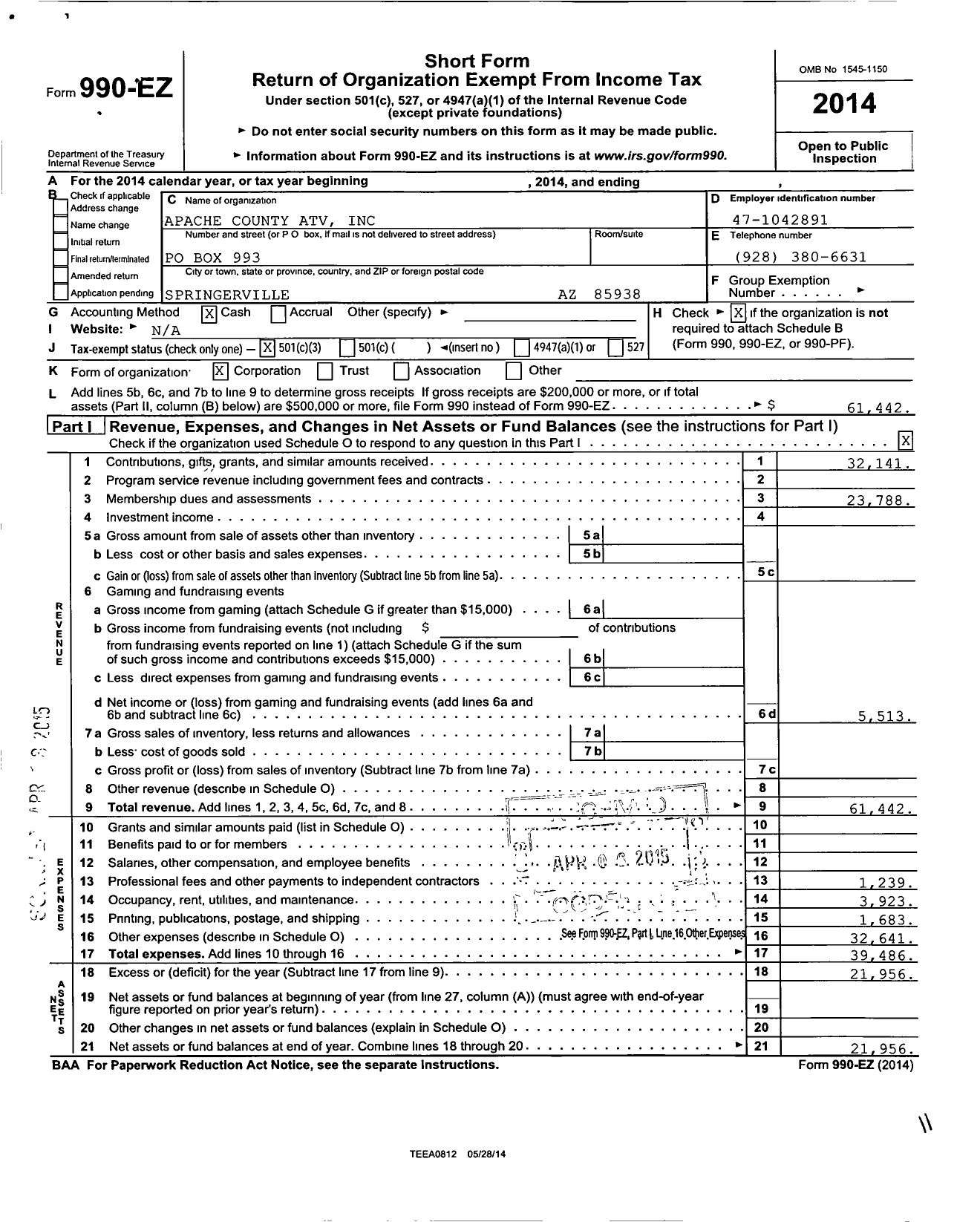 Image of first page of 2014 Form 990EZ for Apache County ATV