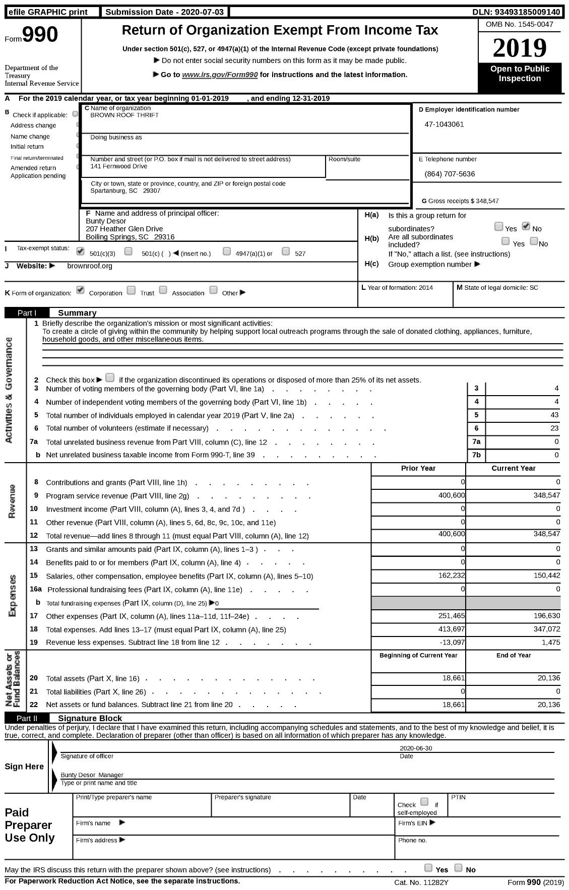 Image of first page of 2019 Form 990 for Brown Roof Thrift