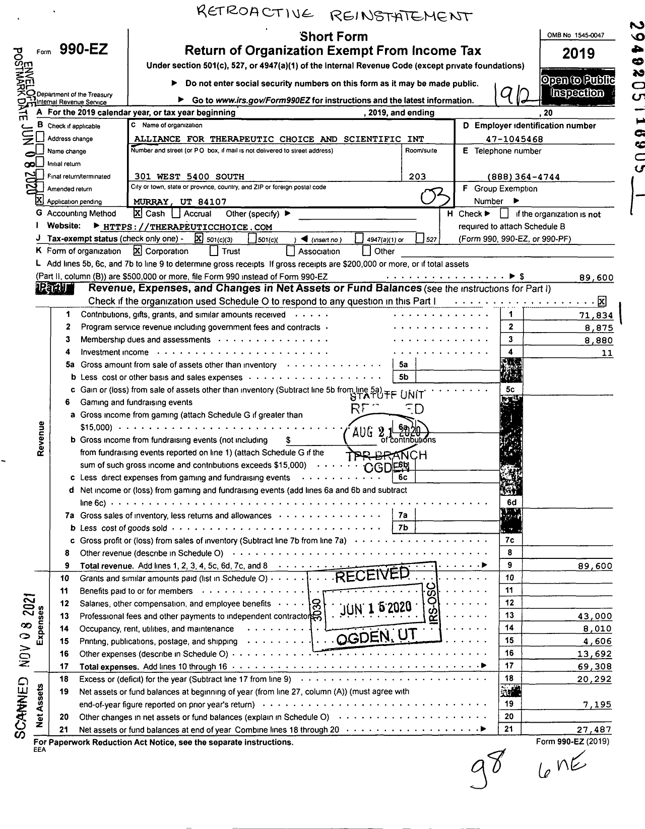 Image of first page of 2019 Form 990EZ for Alliance for Therapeutic Choice and