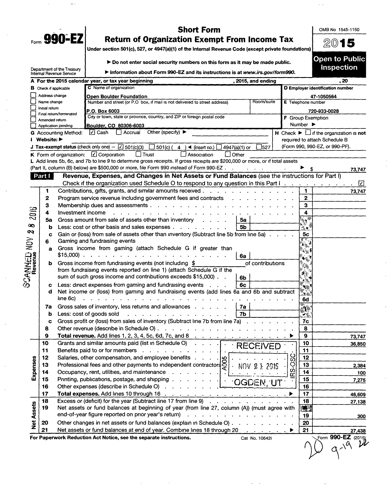 Image of first page of 2015 Form 990EZ for Open Boulder Foundation