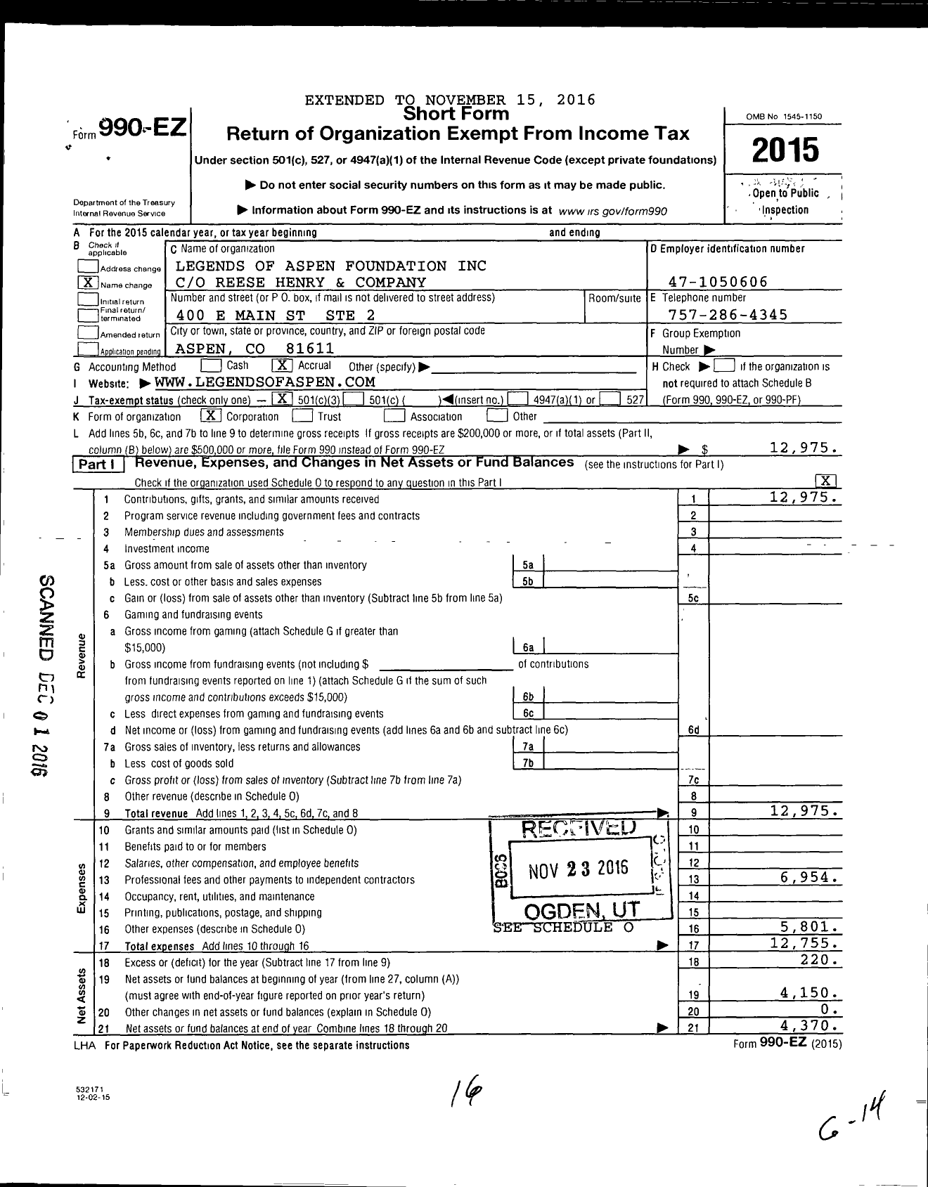 Image of first page of 2015 Form 990EZ for Legends of Aspen Foundation