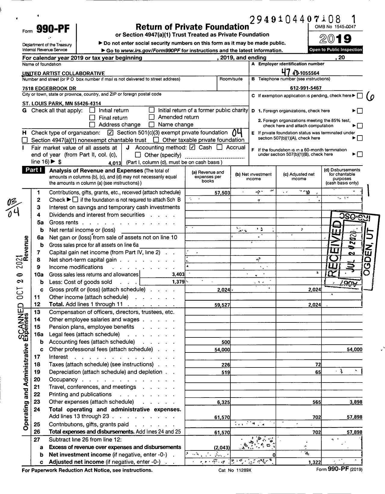 Image of first page of 2019 Form 990PF for United Artist Collaborative