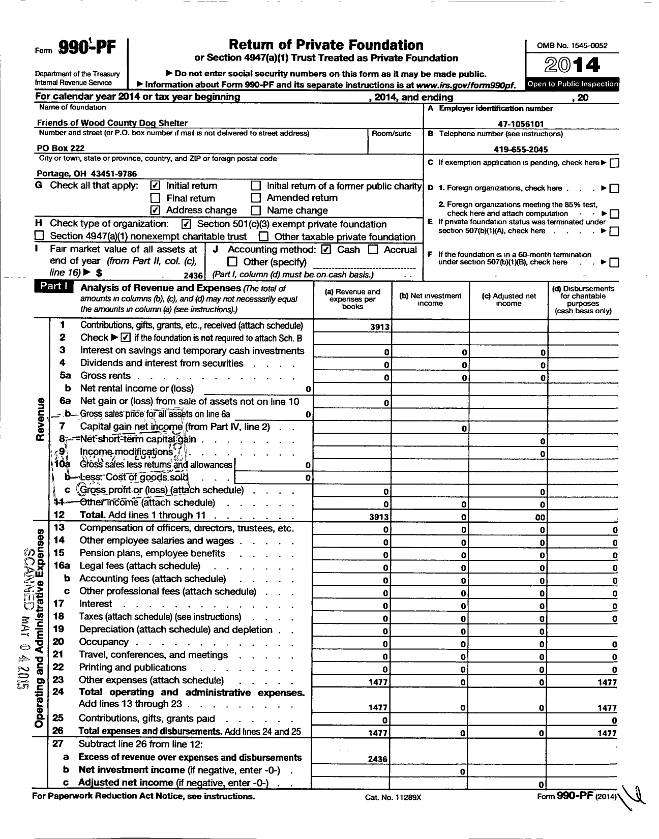 Image of first page of 2014 Form 990PF for Friends of Wood County Dog Shelter