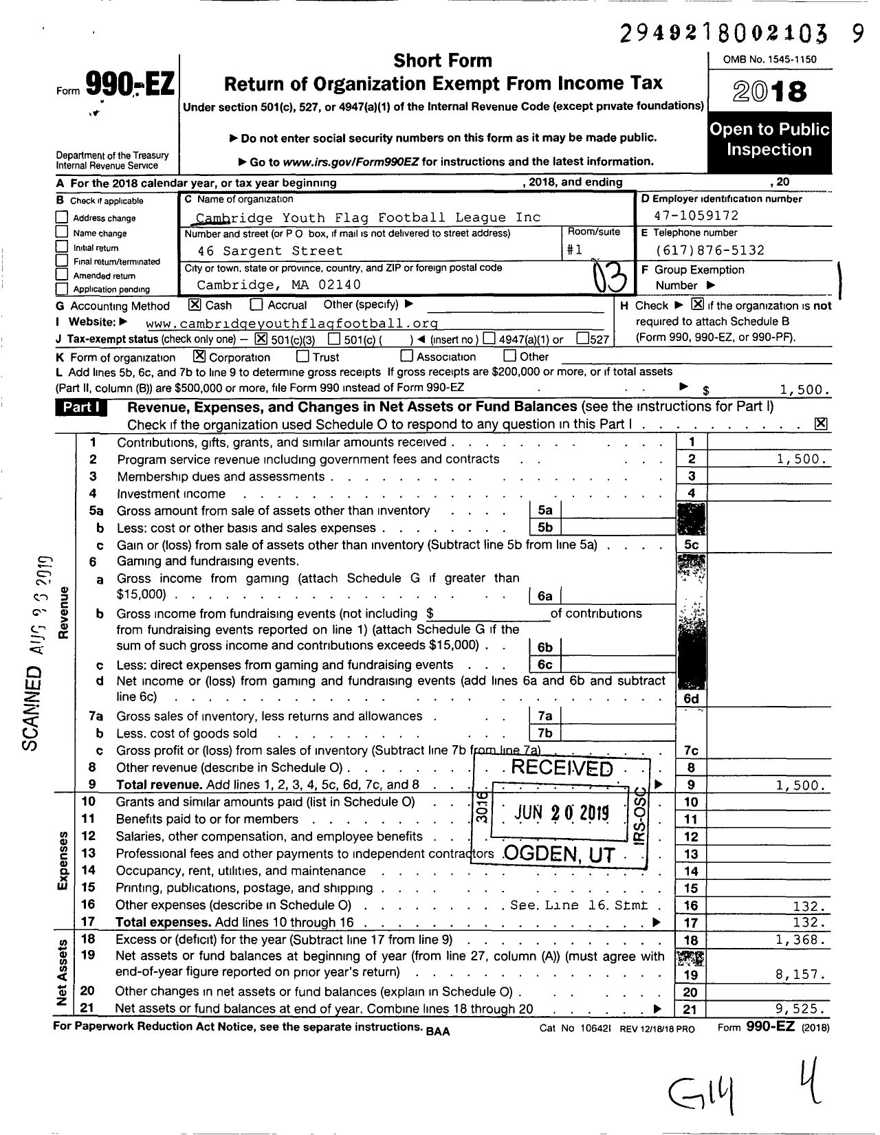 Image of first page of 2018 Form 990EZ for Cambridge Youth Flag FootballInc