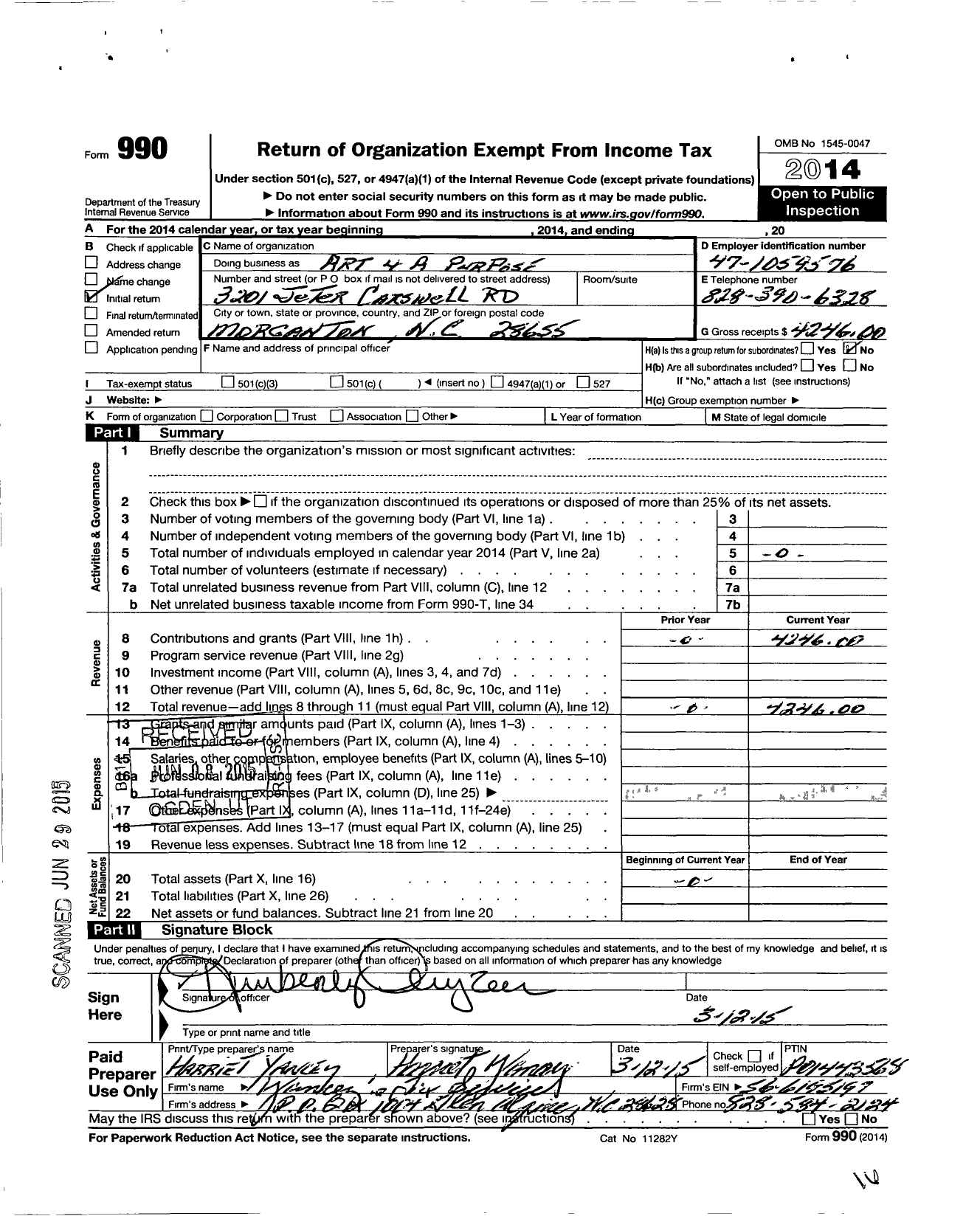 Image of first page of 2014 Form 990O for Art 4 A Purpose Org Corporation