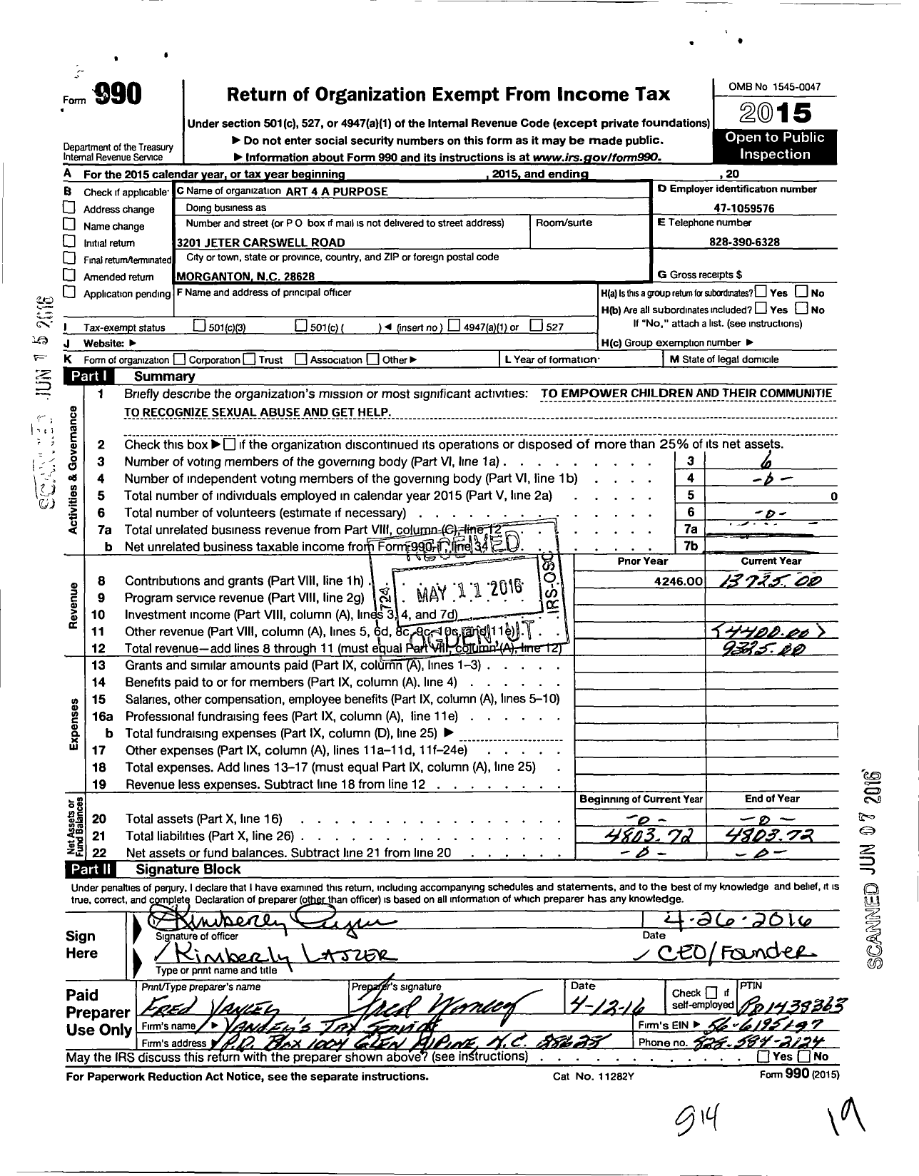 Image of first page of 2015 Form 990O for Art 4 A Purpose Org Corporation