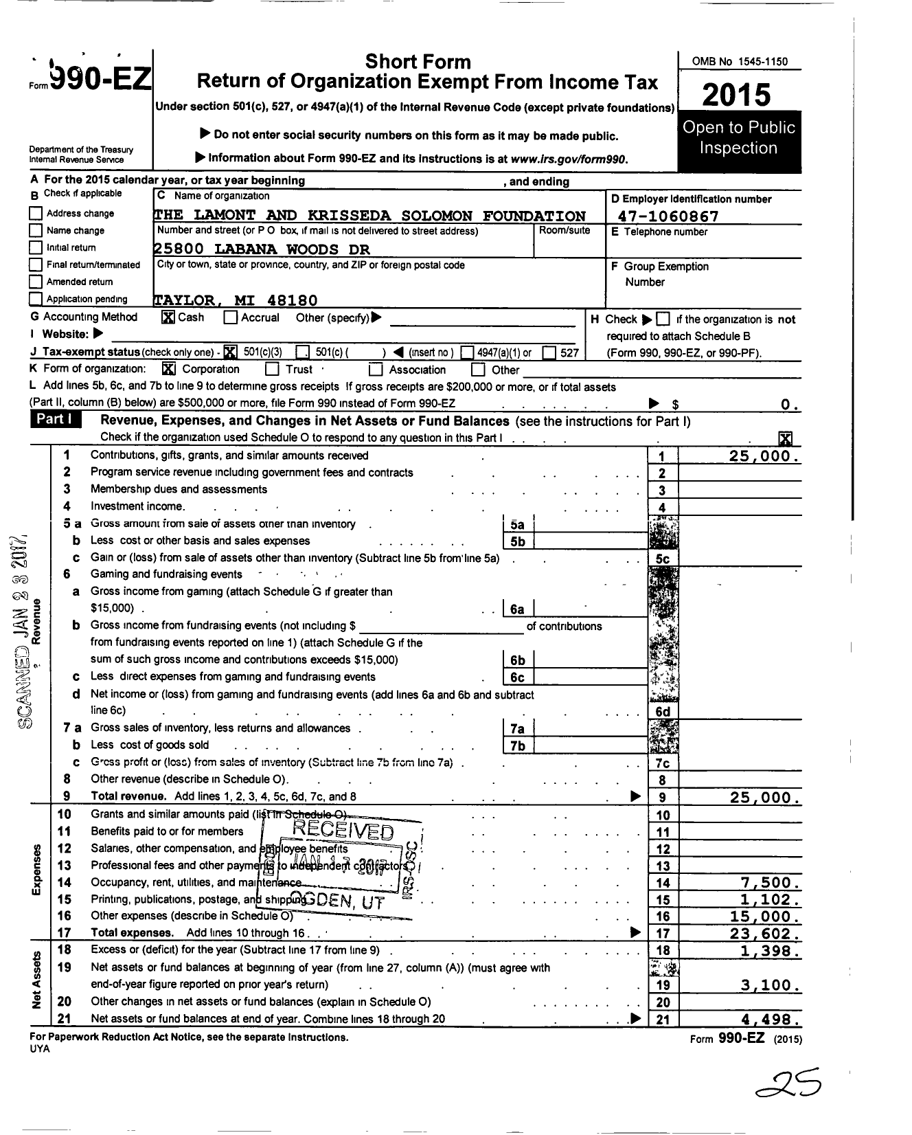 Image of first page of 2015 Form 990EZ for The Lamont and Krissenda Solomon Foundation