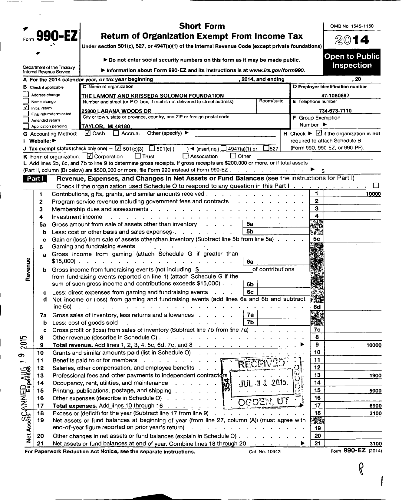 Image of first page of 2014 Form 990EZ for The Lamont and Krissenda Solomon Foundation