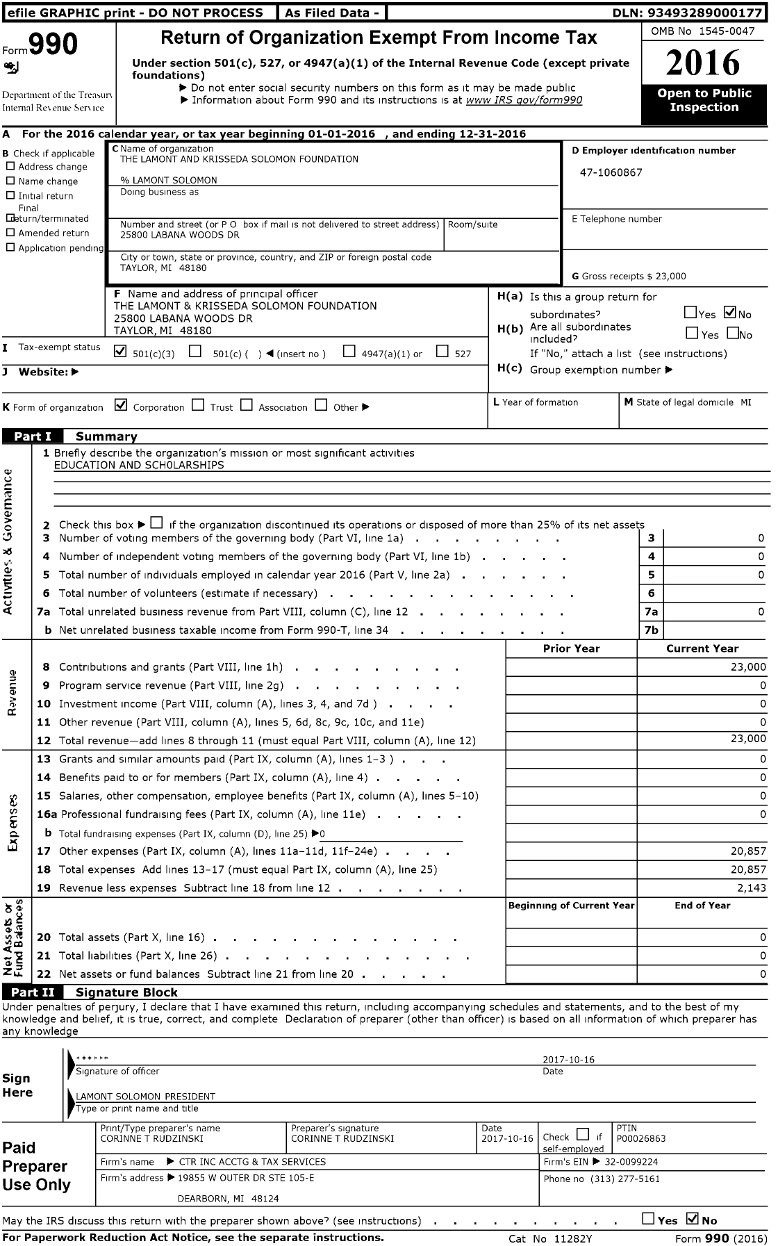 Image of first page of 2016 Form 990 for The Lamont and Krissenda Solomon Foundation