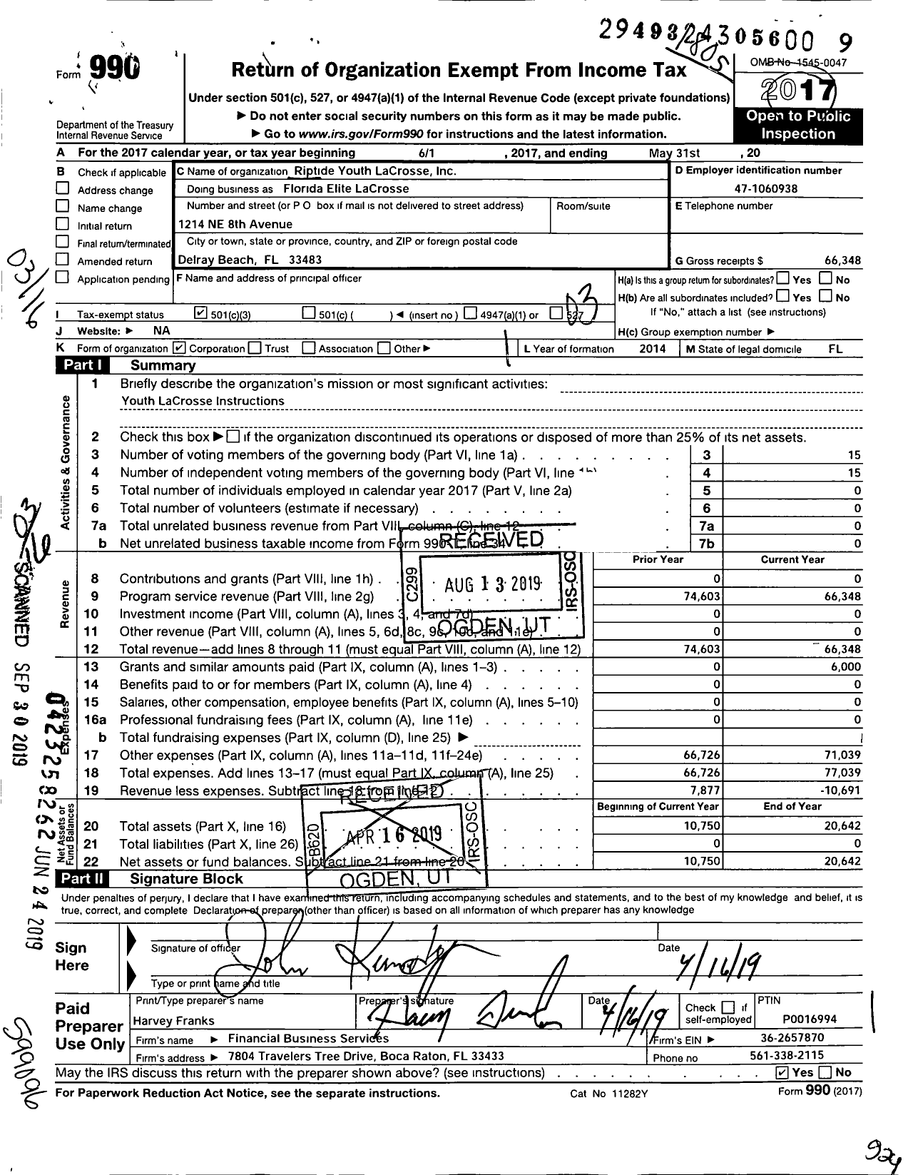 Image of first page of 2017 Form 990 for Riptide Youth Lacrosse