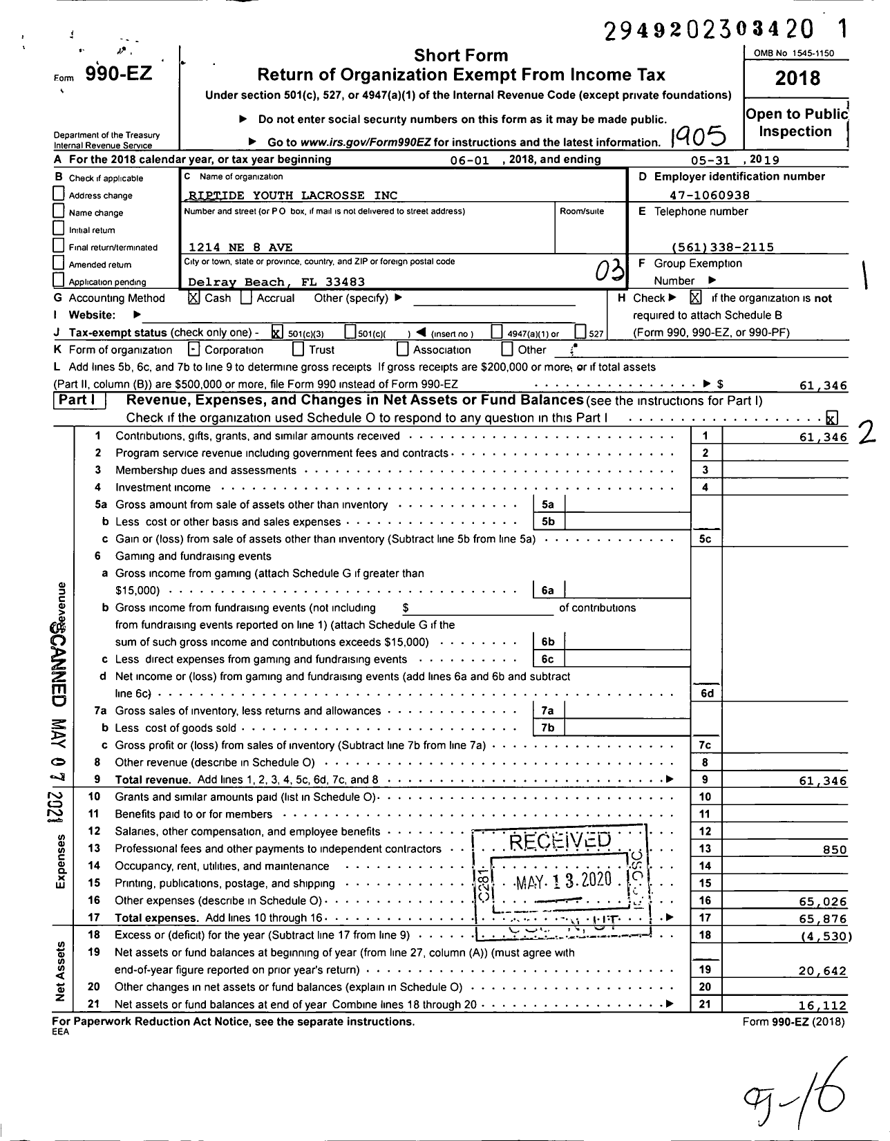 Image of first page of 2018 Form 990EZ for Riptide Youth Lacrosse