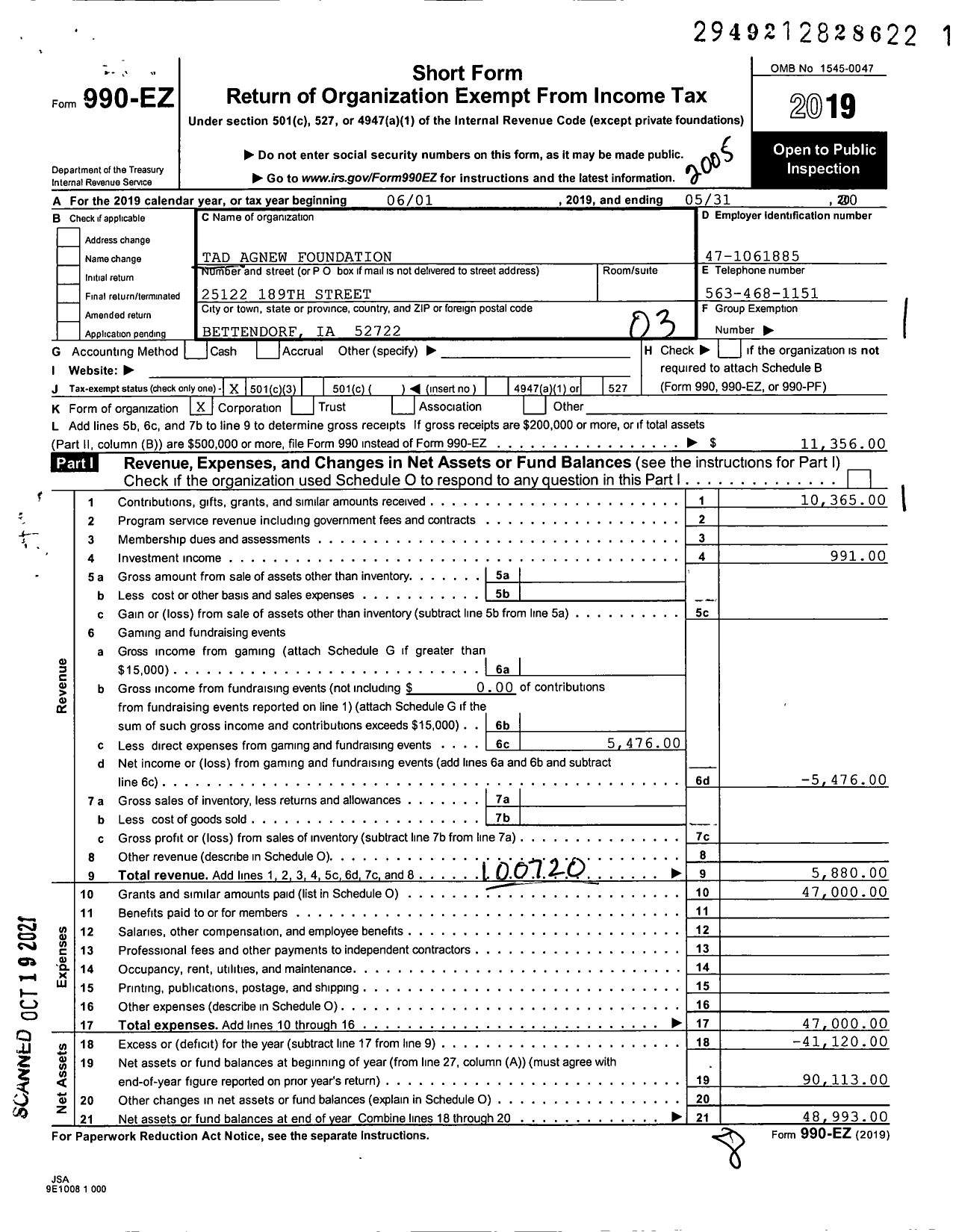 Image of first page of 2019 Form 990EZ for Tad Agnew Foundation