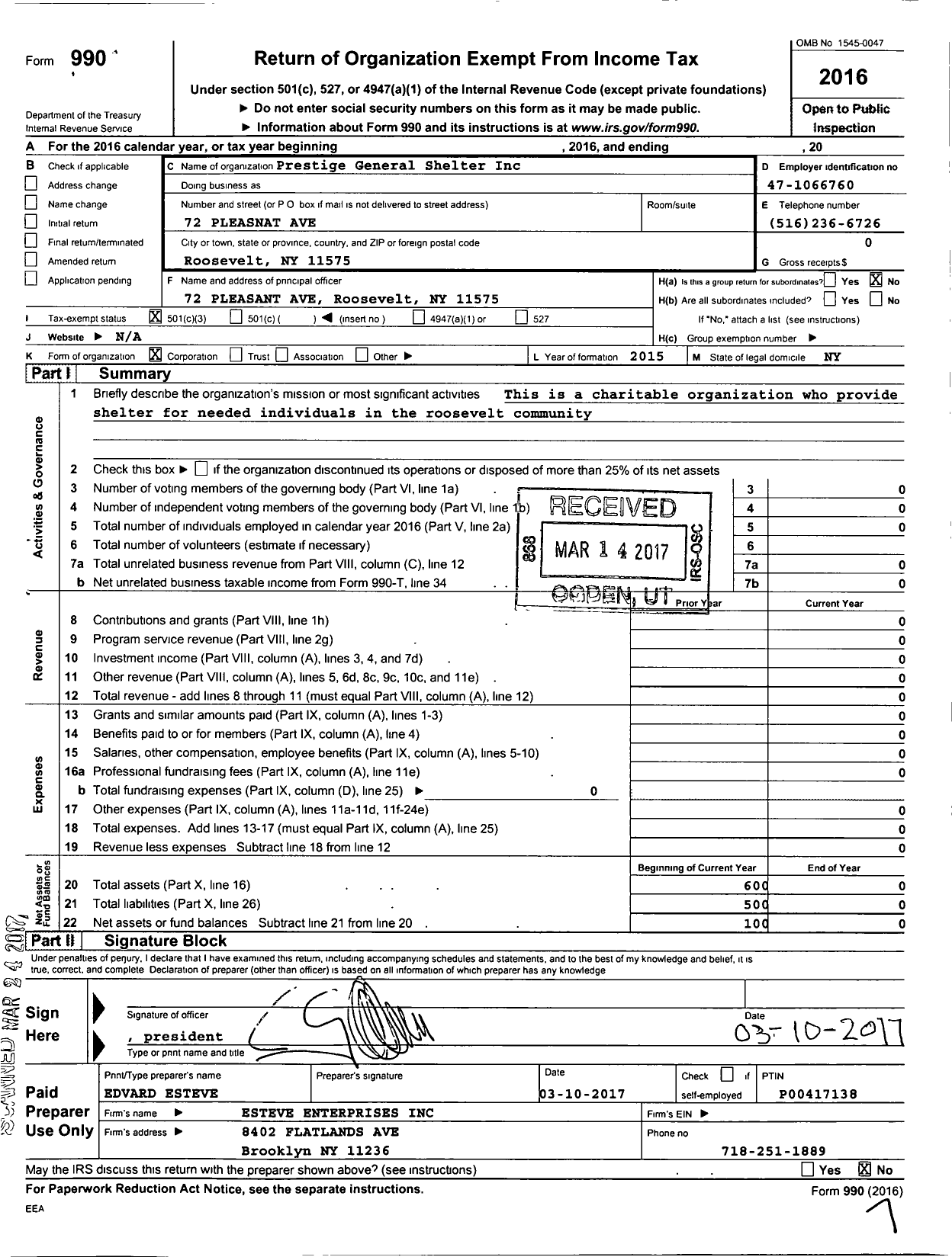 Image of first page of 2016 Form 990 for Prestige General Shelter