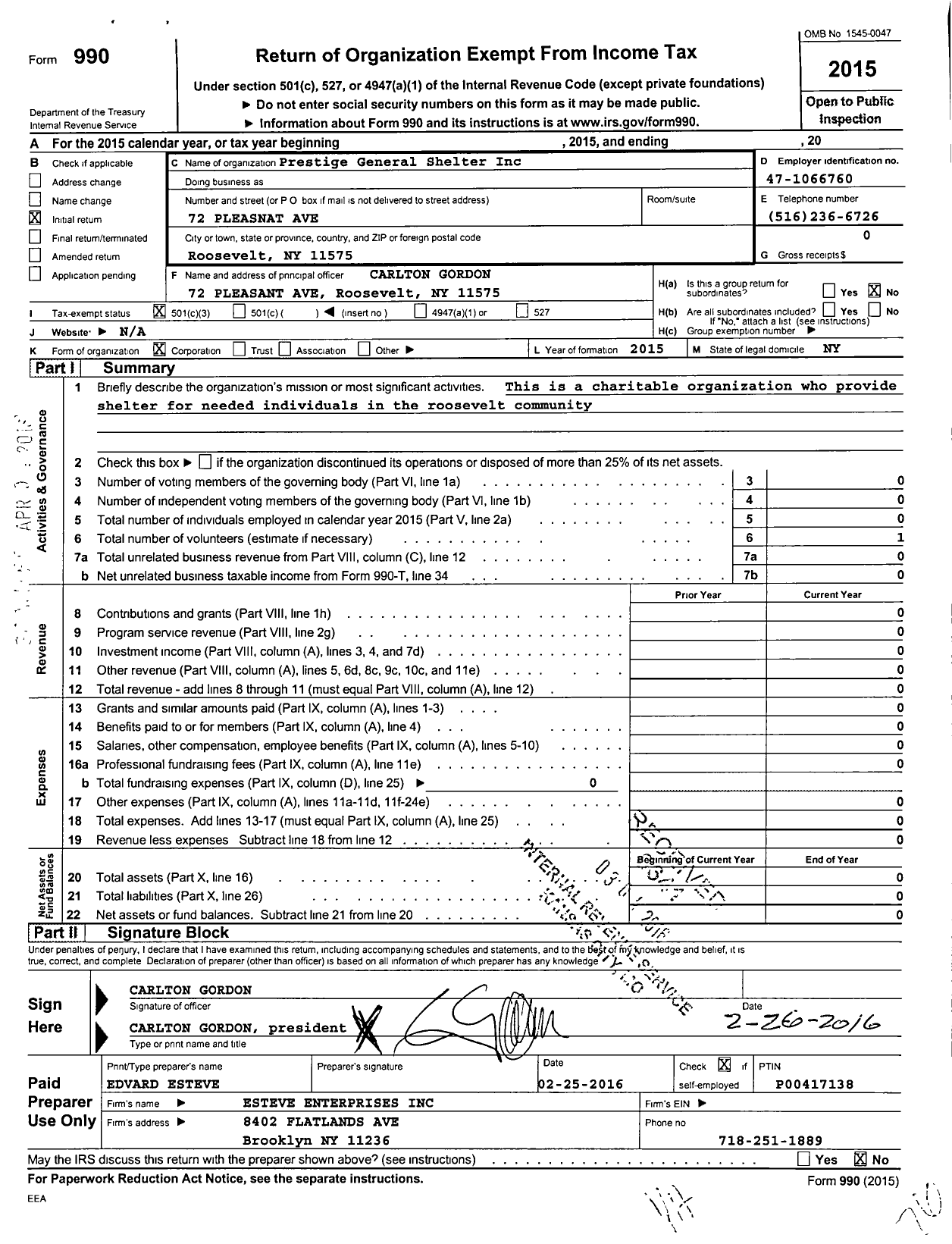 Image of first page of 2015 Form 990 for Prestige General Shelter