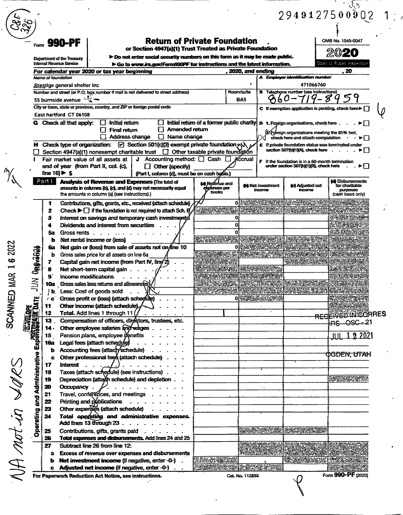 Image of first page of 2020 Form 990PF for Prestige General Shelter