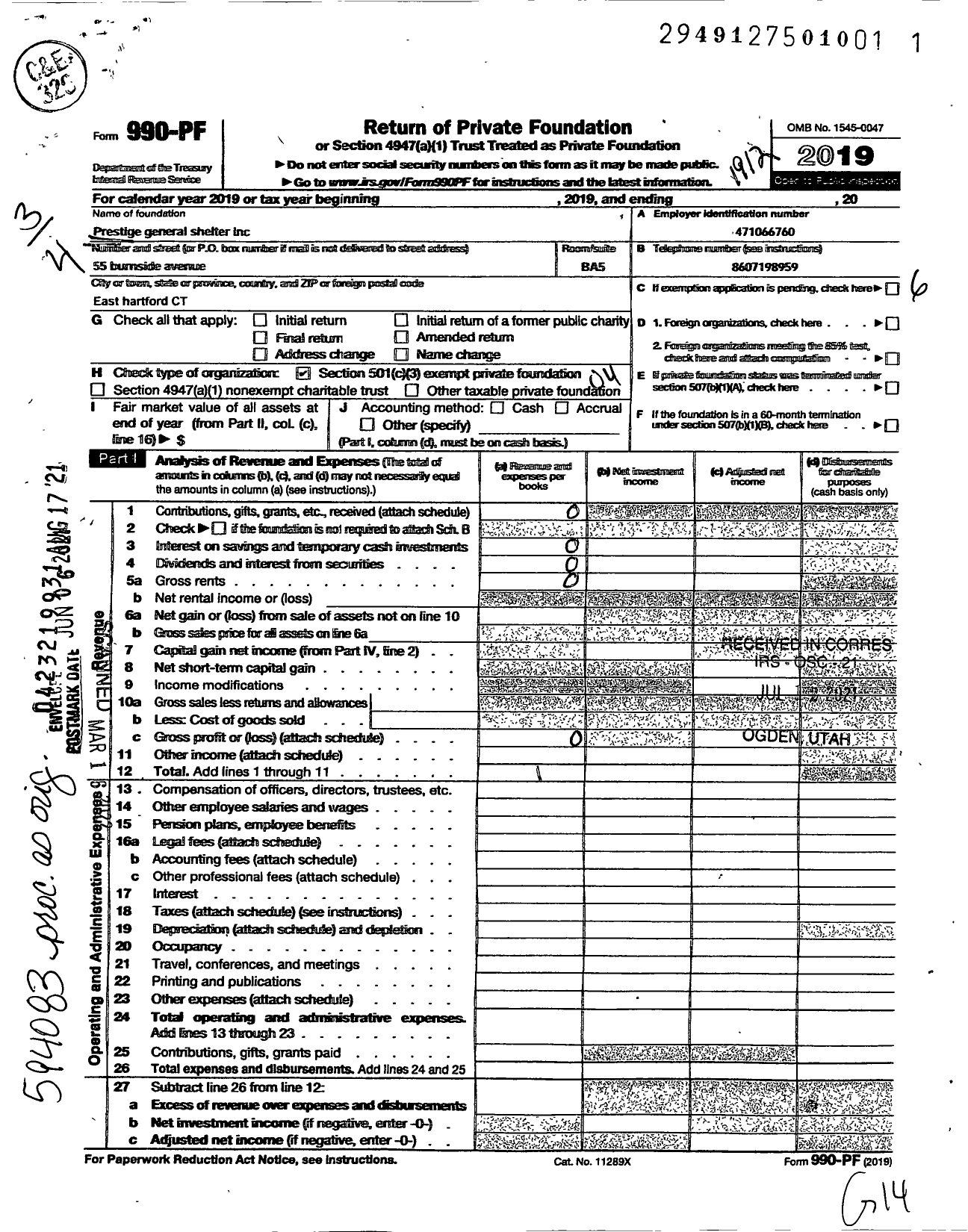 Image of first page of 2019 Form 990PF for Prestige General Shelter