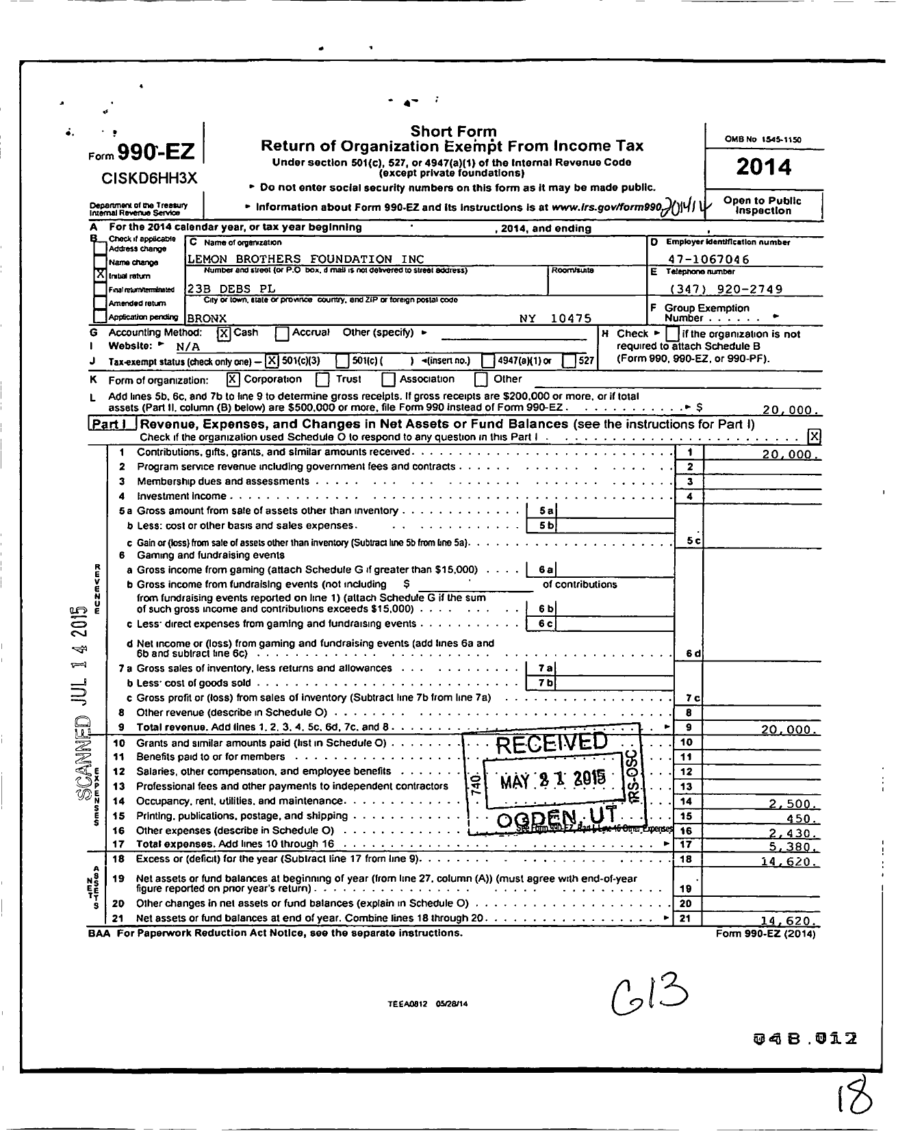 Image of first page of 2014 Form 990EZ for Lemon Brothers Foundation