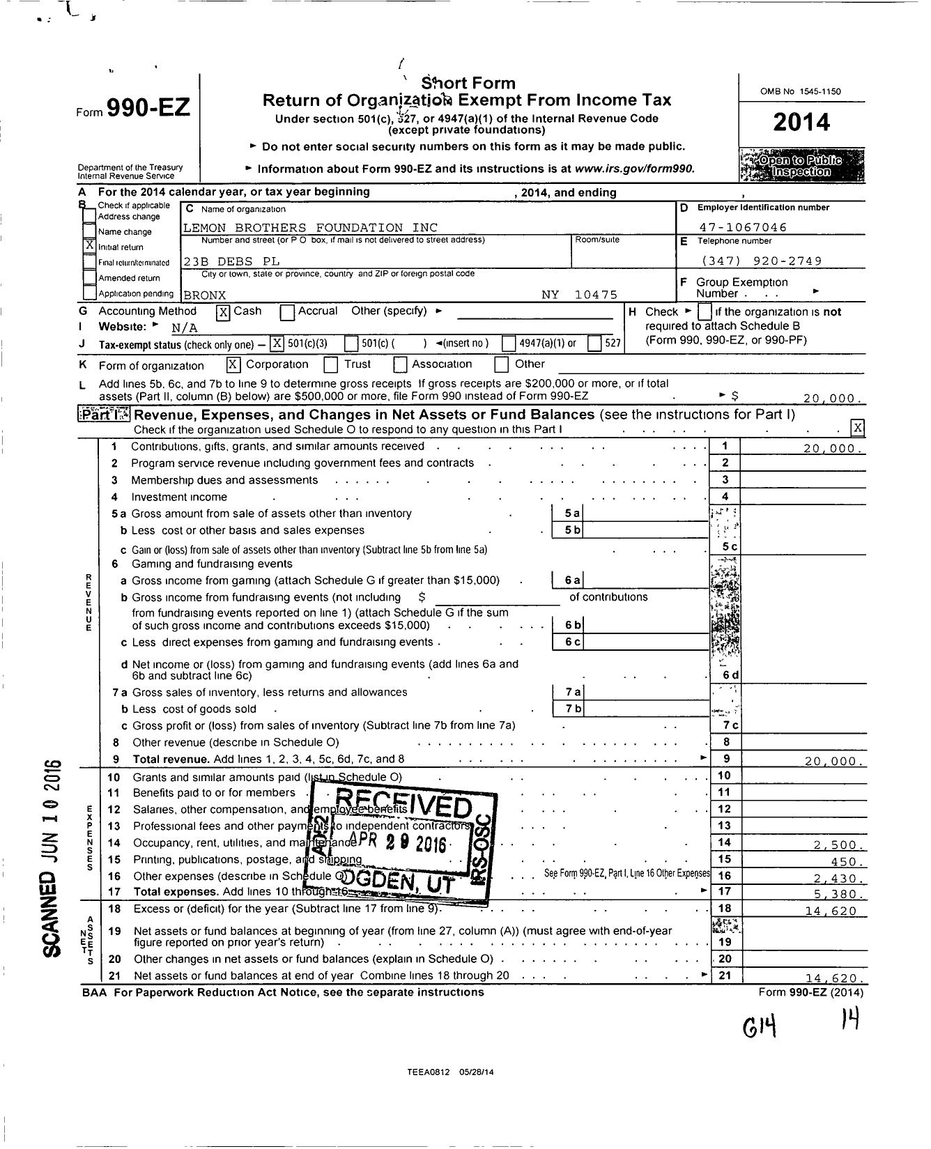 Image of first page of 2014 Form 990EZ for Lemon Brothers Foundation