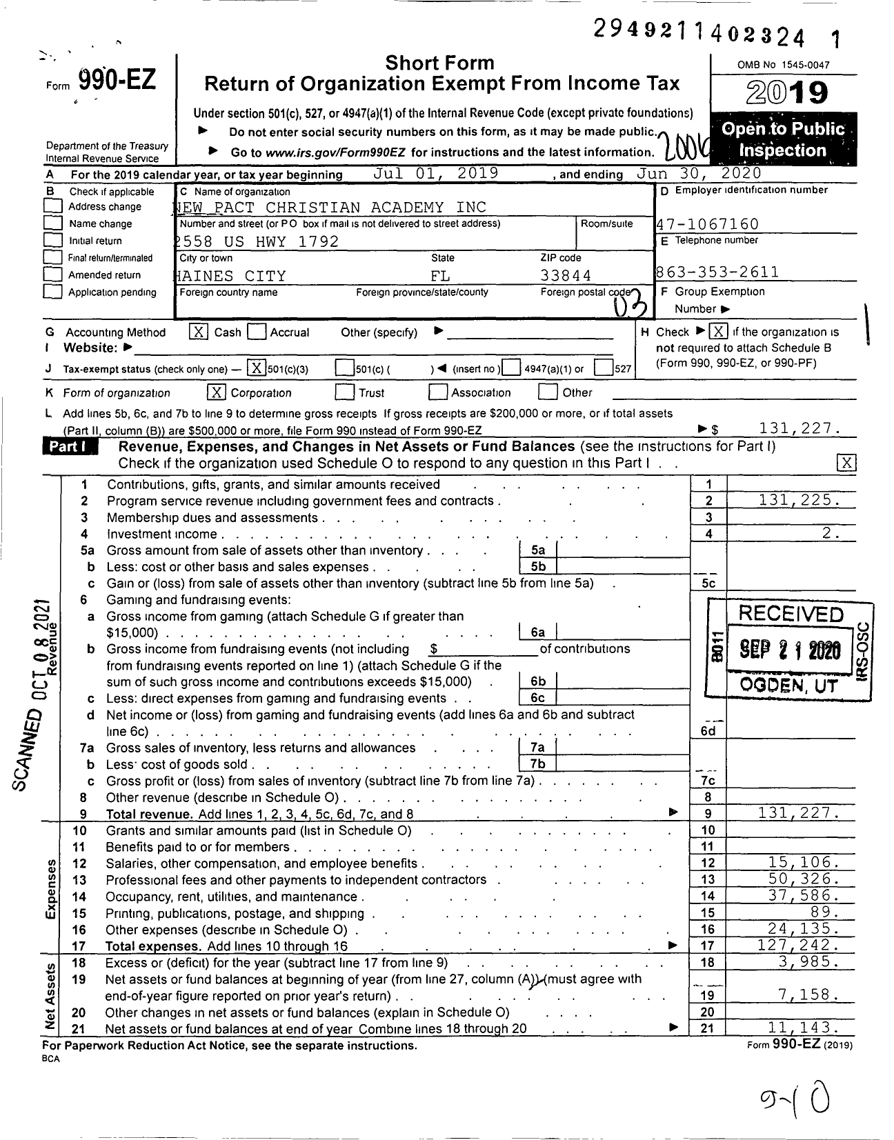 Image of first page of 2019 Form 990EZ for New Pact Christian Academy