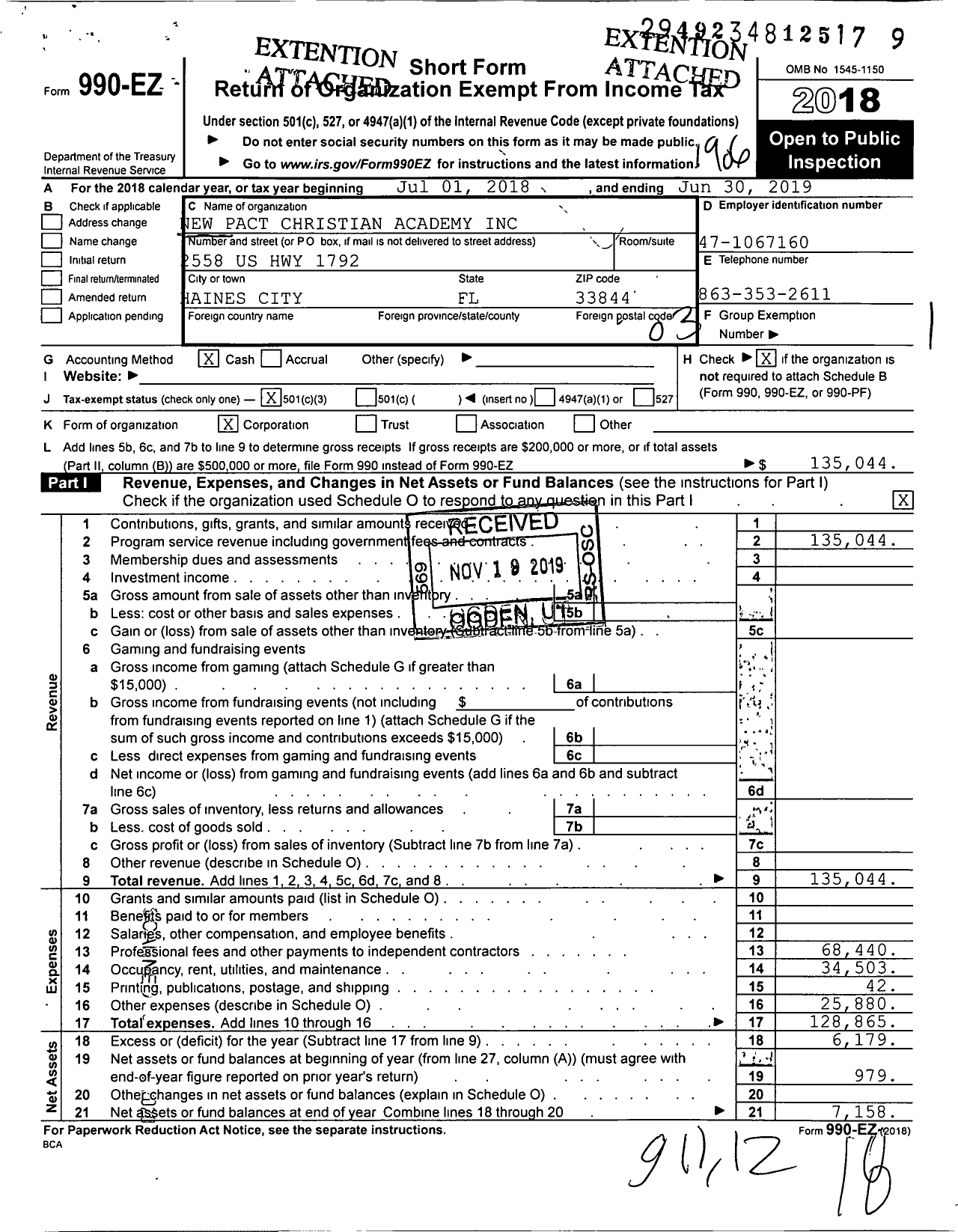 Image of first page of 2018 Form 990EZ for New Pact Christian Academy