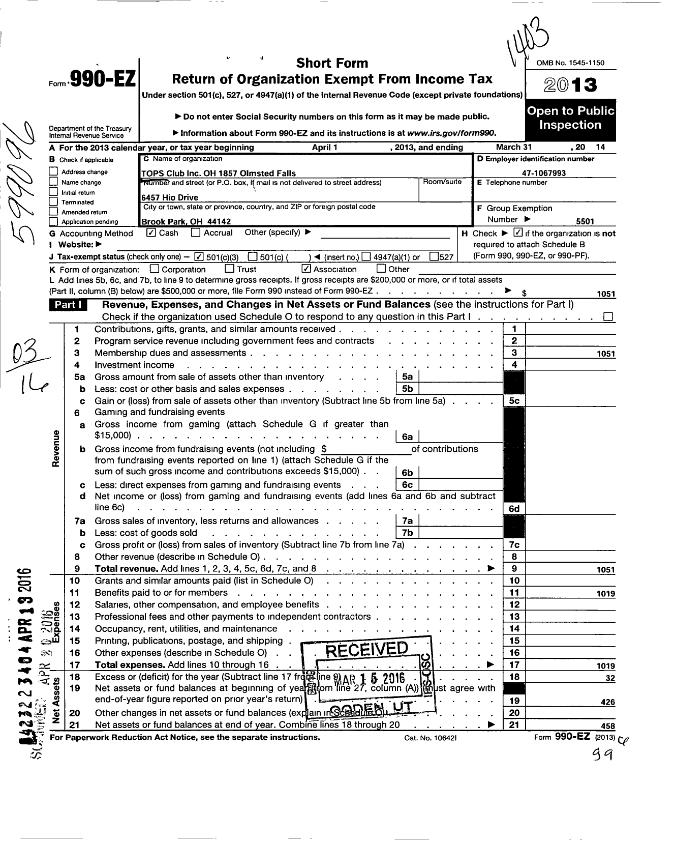 Image of first page of 2013 Form 990EZ for TOpS CLUB - 1857 TOpS OH Olmstead FALLS