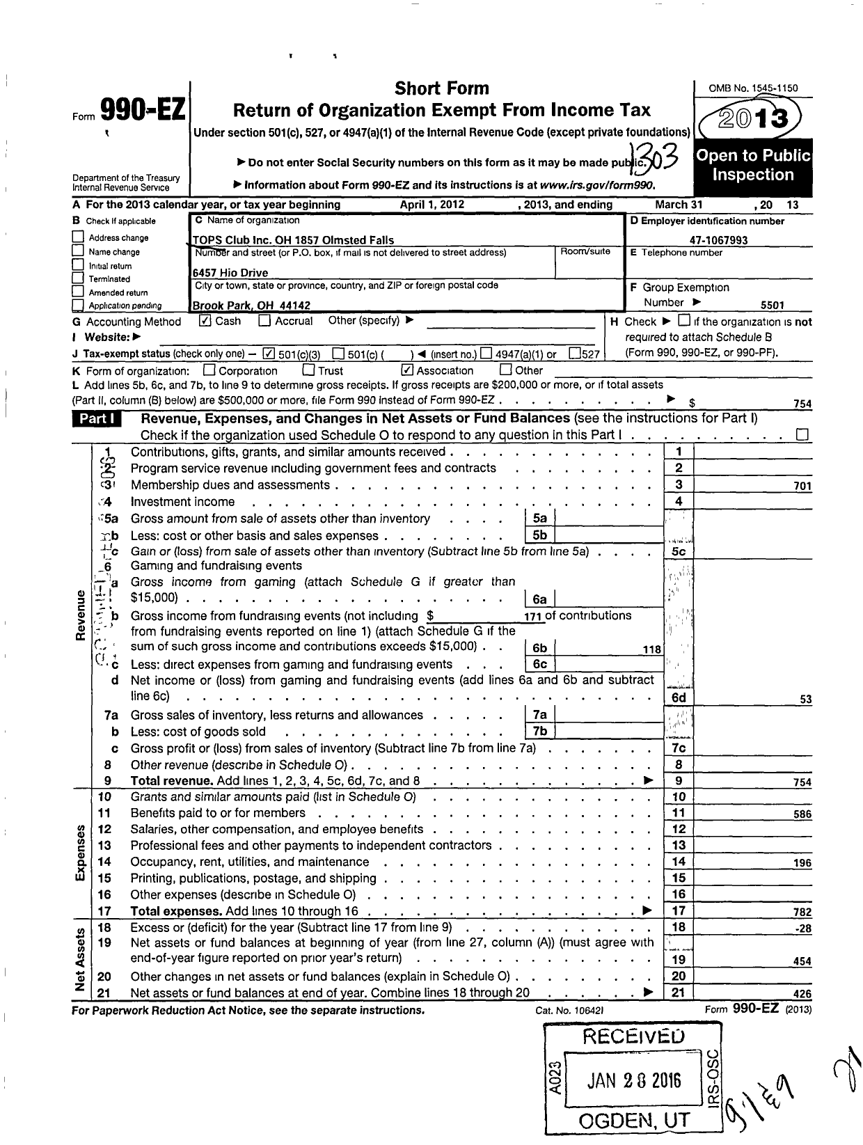 Image of first page of 2012 Form 990EZ for TOpS CLUB - 1857 TOpS OH Olmstead FALLS