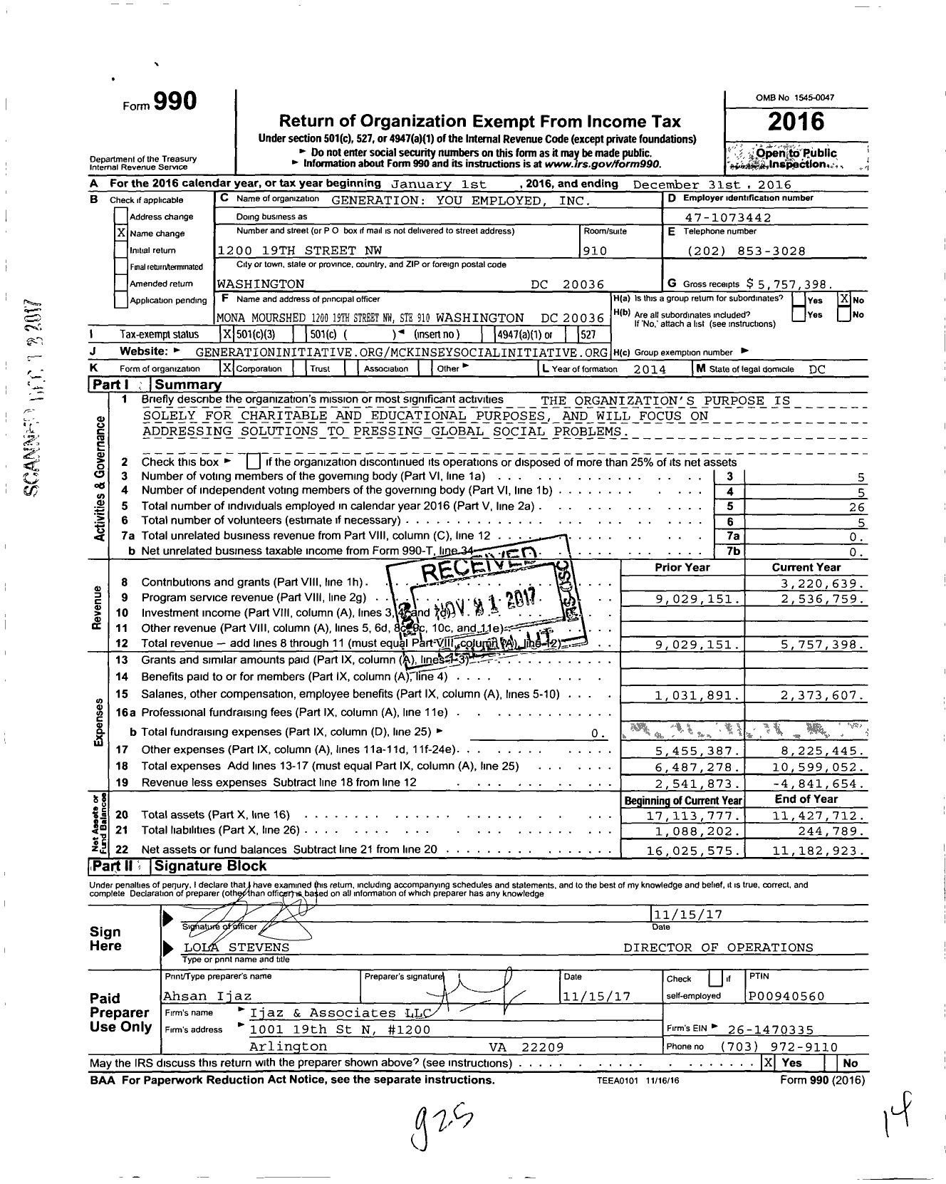 Image of first page of 2016 Form 990 for Generation You Employed