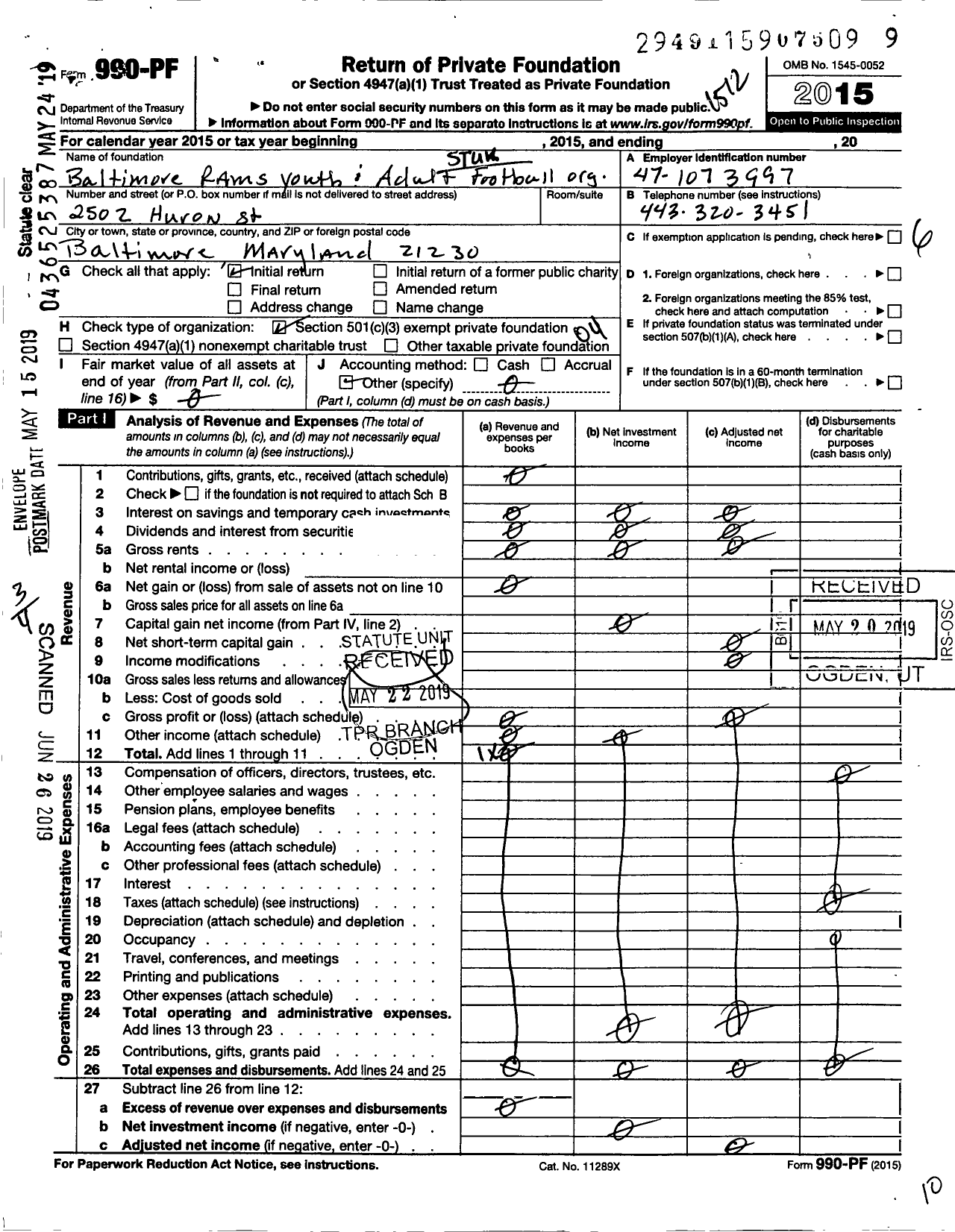 Image of first page of 2015 Form 990PF for Xavier A Stukes SR