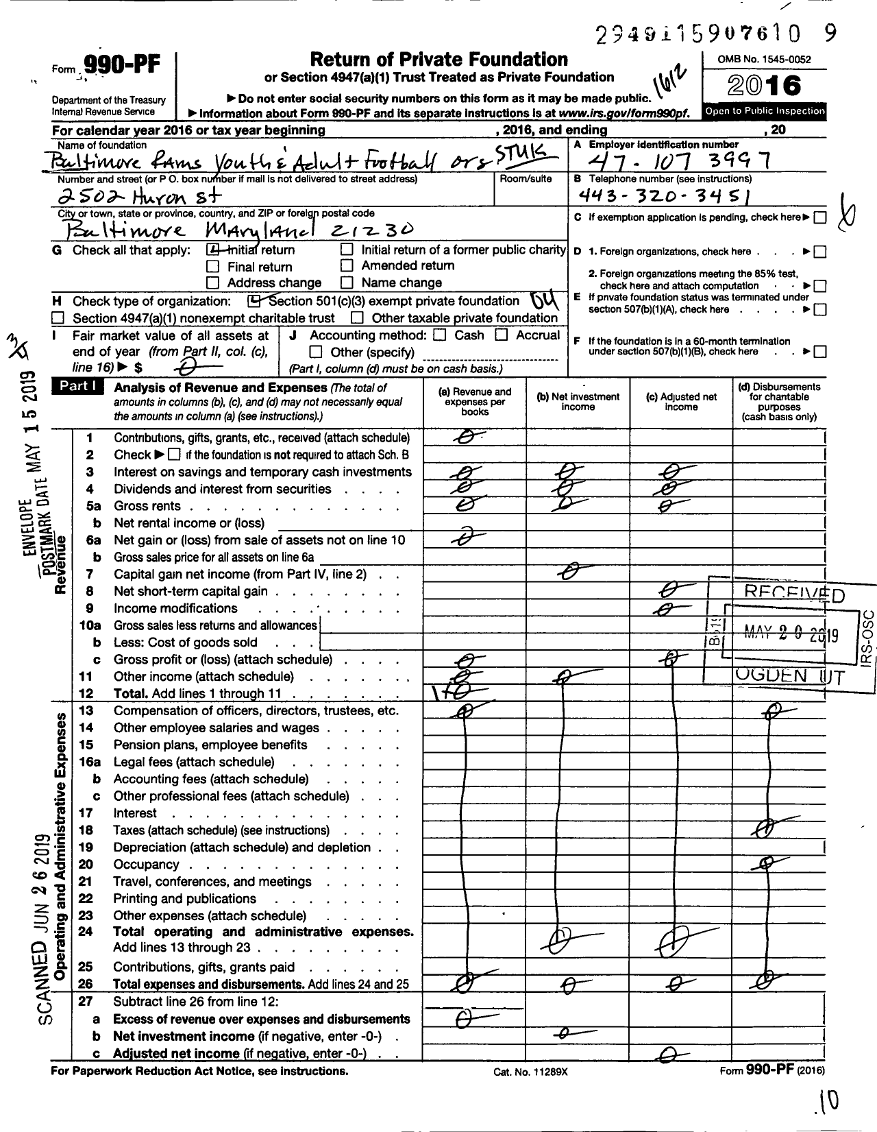 Image of first page of 2016 Form 990PF for Xavier A Stukes SR