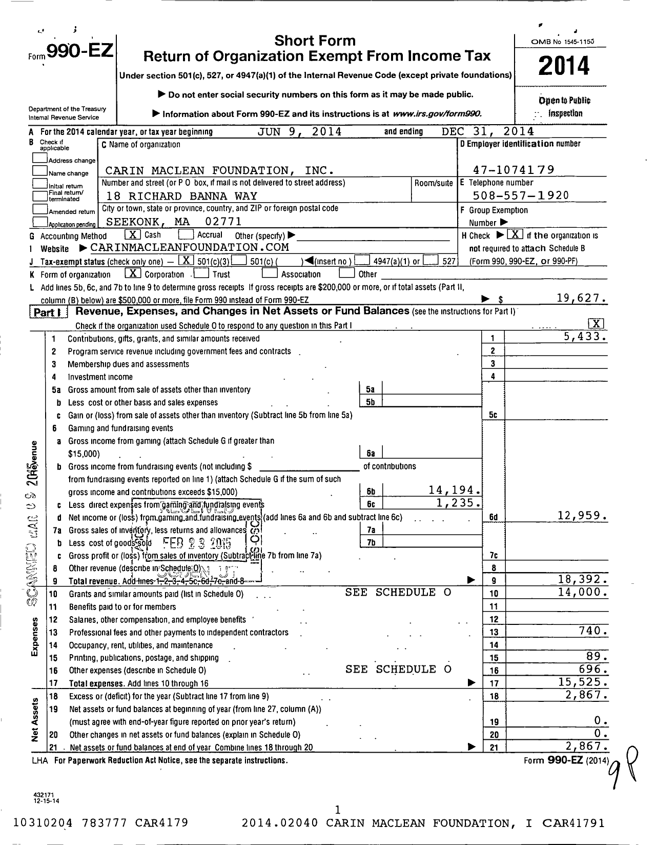 Image of first page of 2014 Form 990EZ for Carin Maclean Foundation