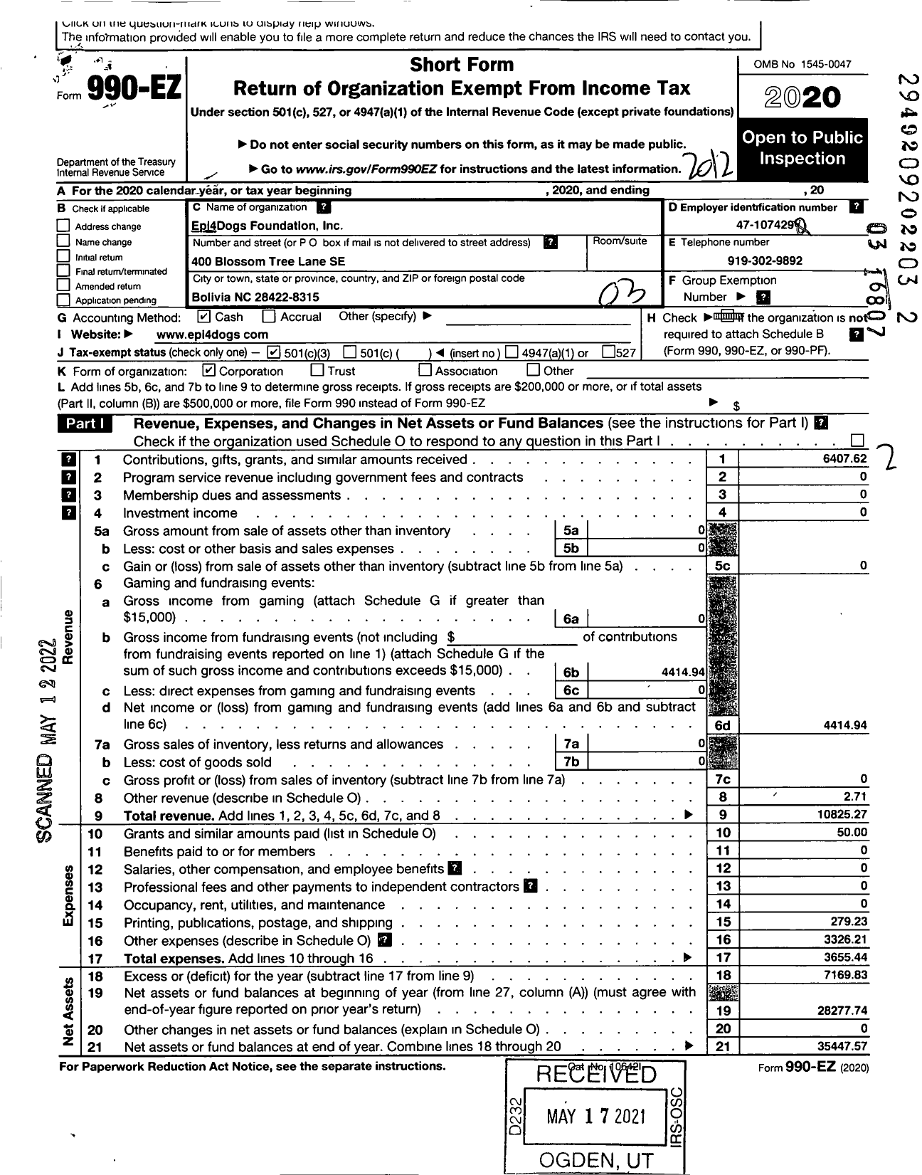 Image of first page of 2020 Form 990EZ for Epi4dogs Foundation (Epi4dogs)