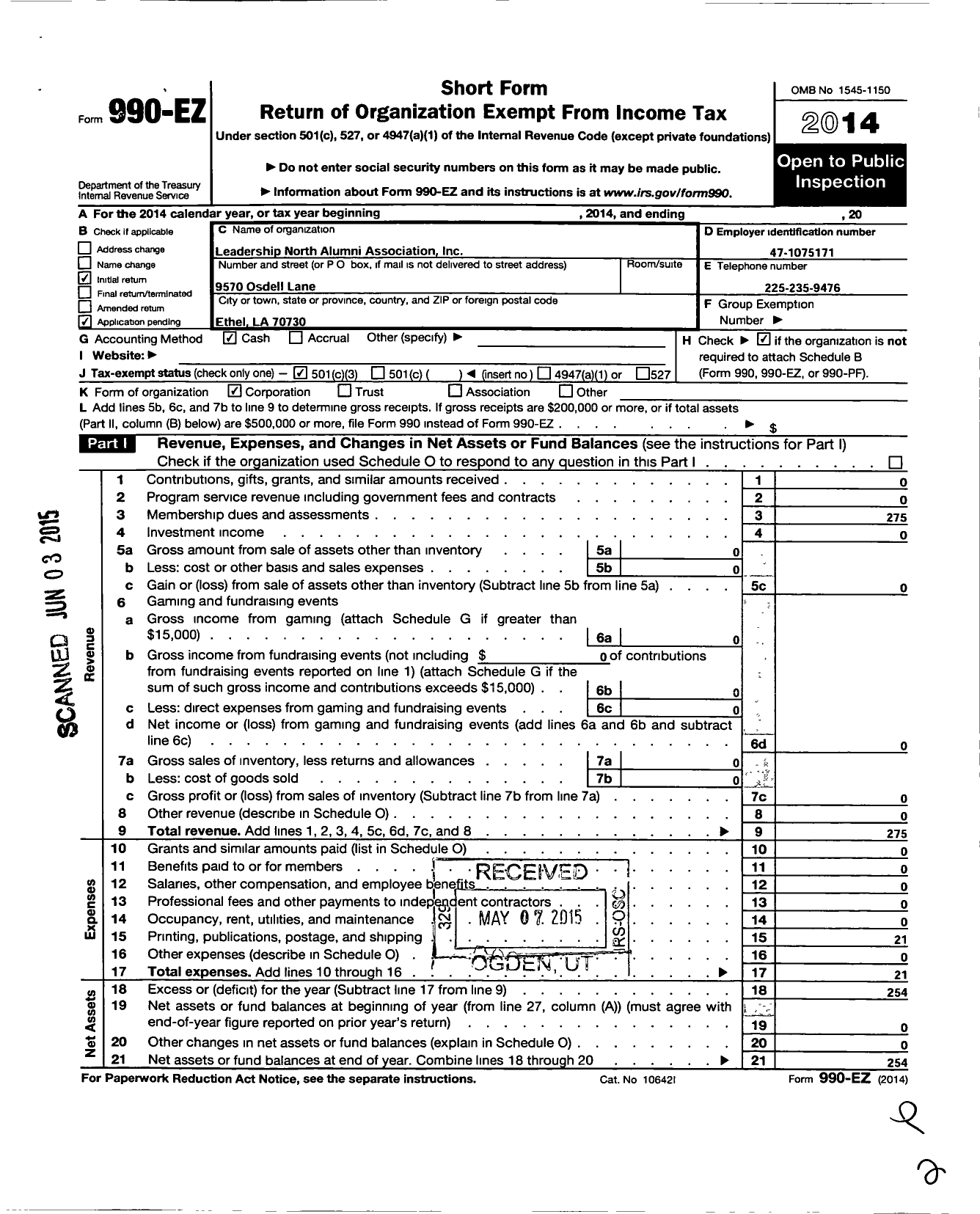 Image of first page of 2014 Form 990EZ for Leadership North Alumni Association