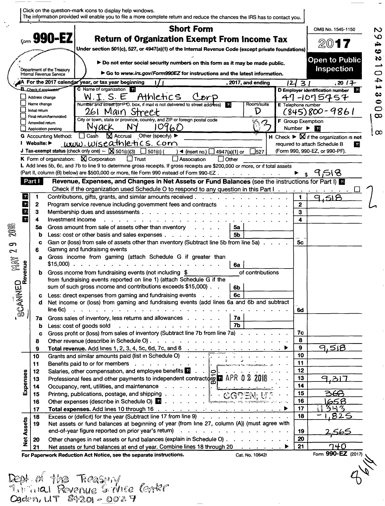 Image of first page of 2017 Form 990EZ for Wise Athletics Corporation