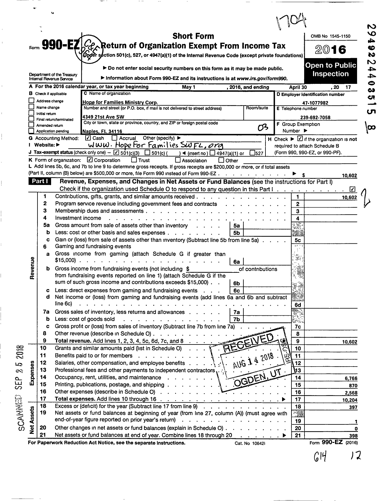 Image of first page of 2016 Form 990EZ for Hope for Families Ministry