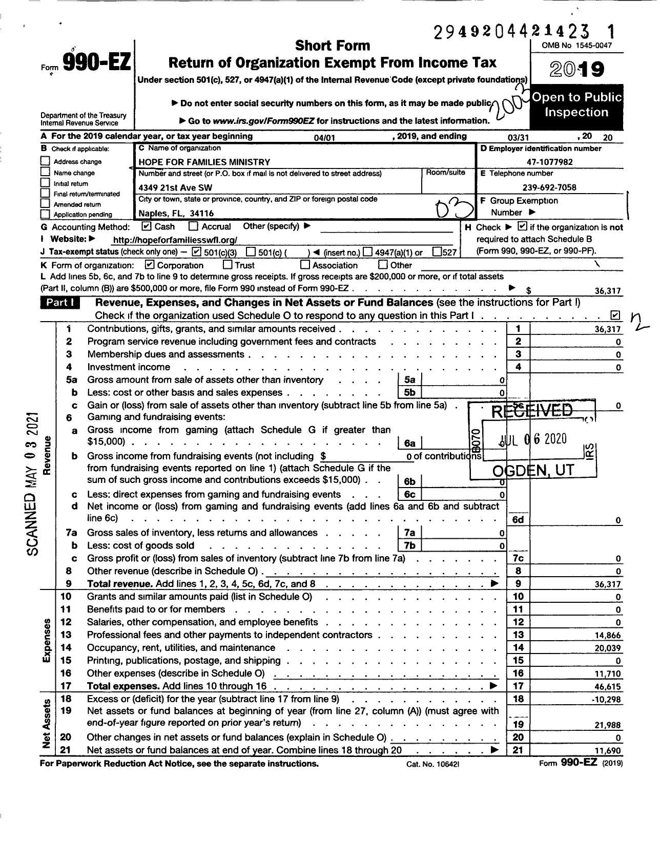 Image of first page of 2019 Form 990EZ for Hope for Families Ministry