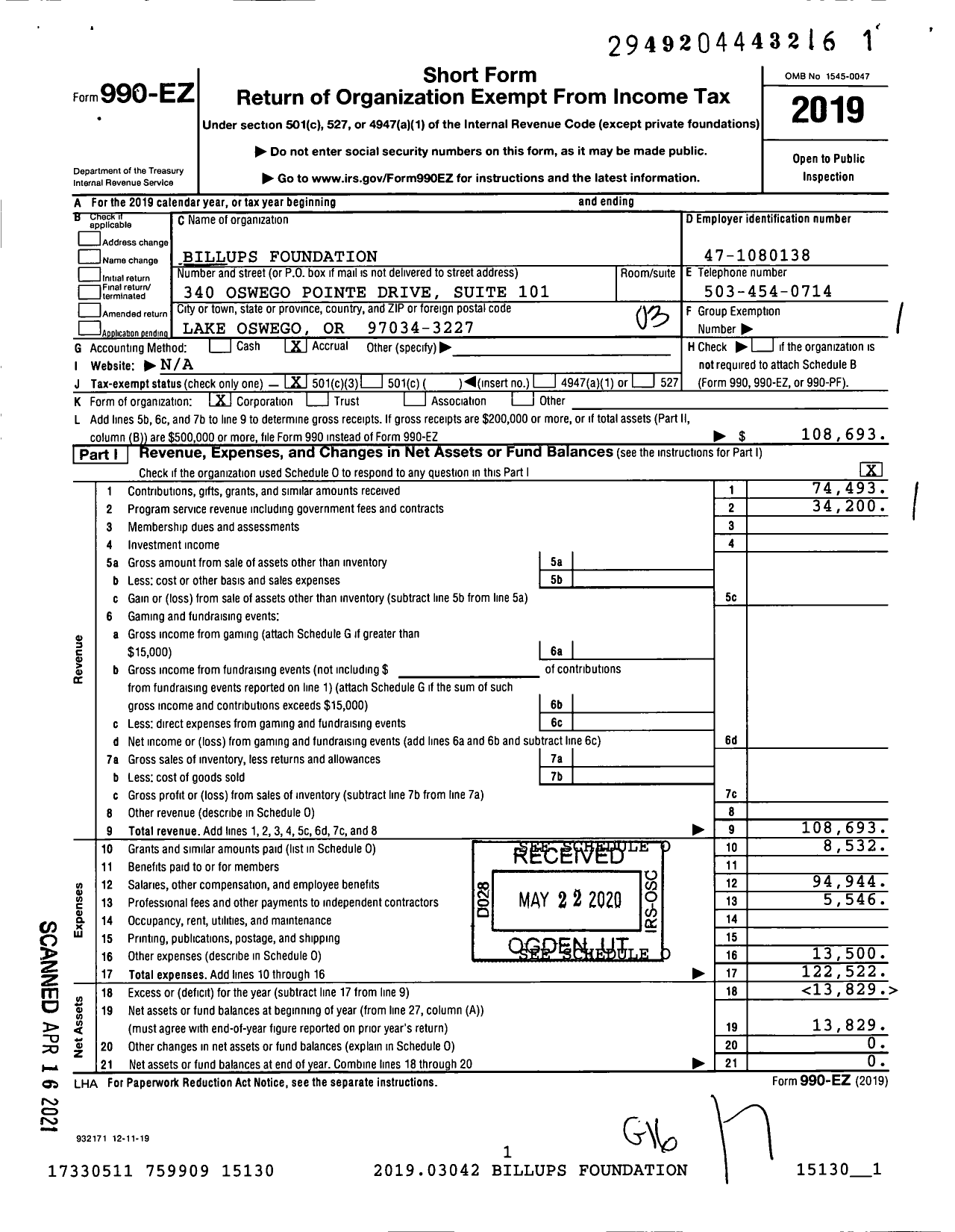 Image of first page of 2019 Form 990EZ for Billups Foundation