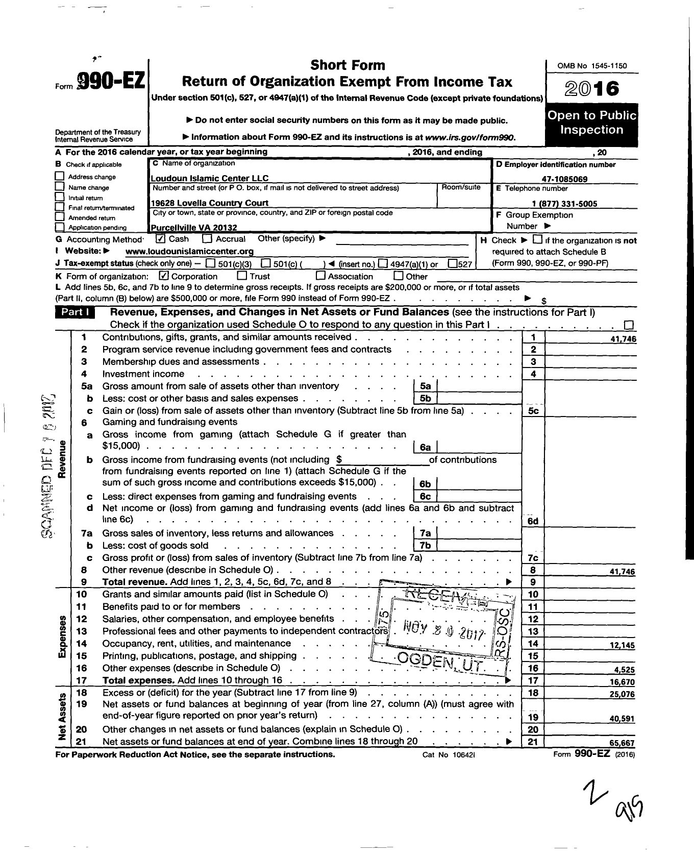 Image of first page of 2016 Form 990EO for Loudoun Islamic Center