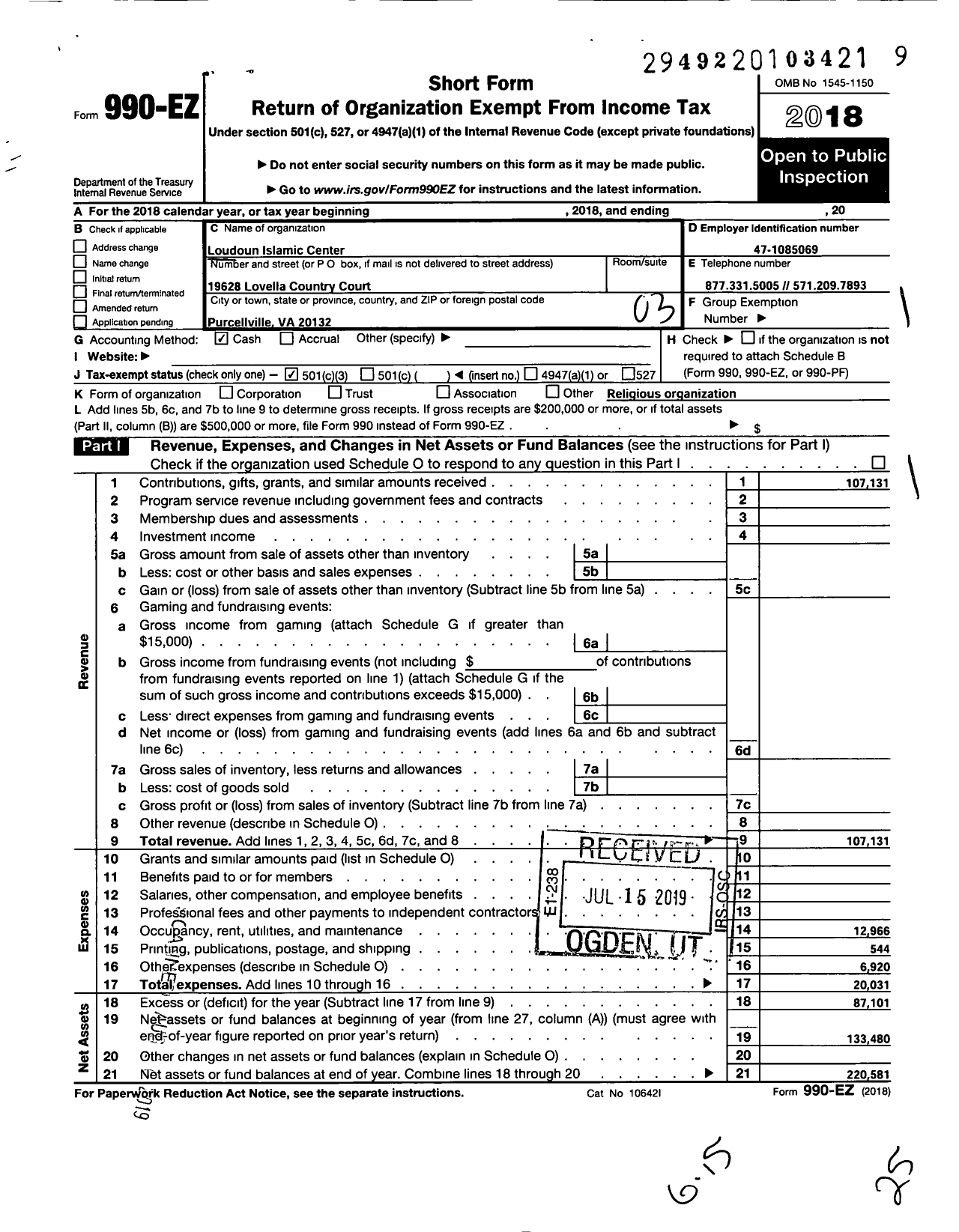 Image of first page of 2018 Form 990EZ for Loudoun Islamic Center