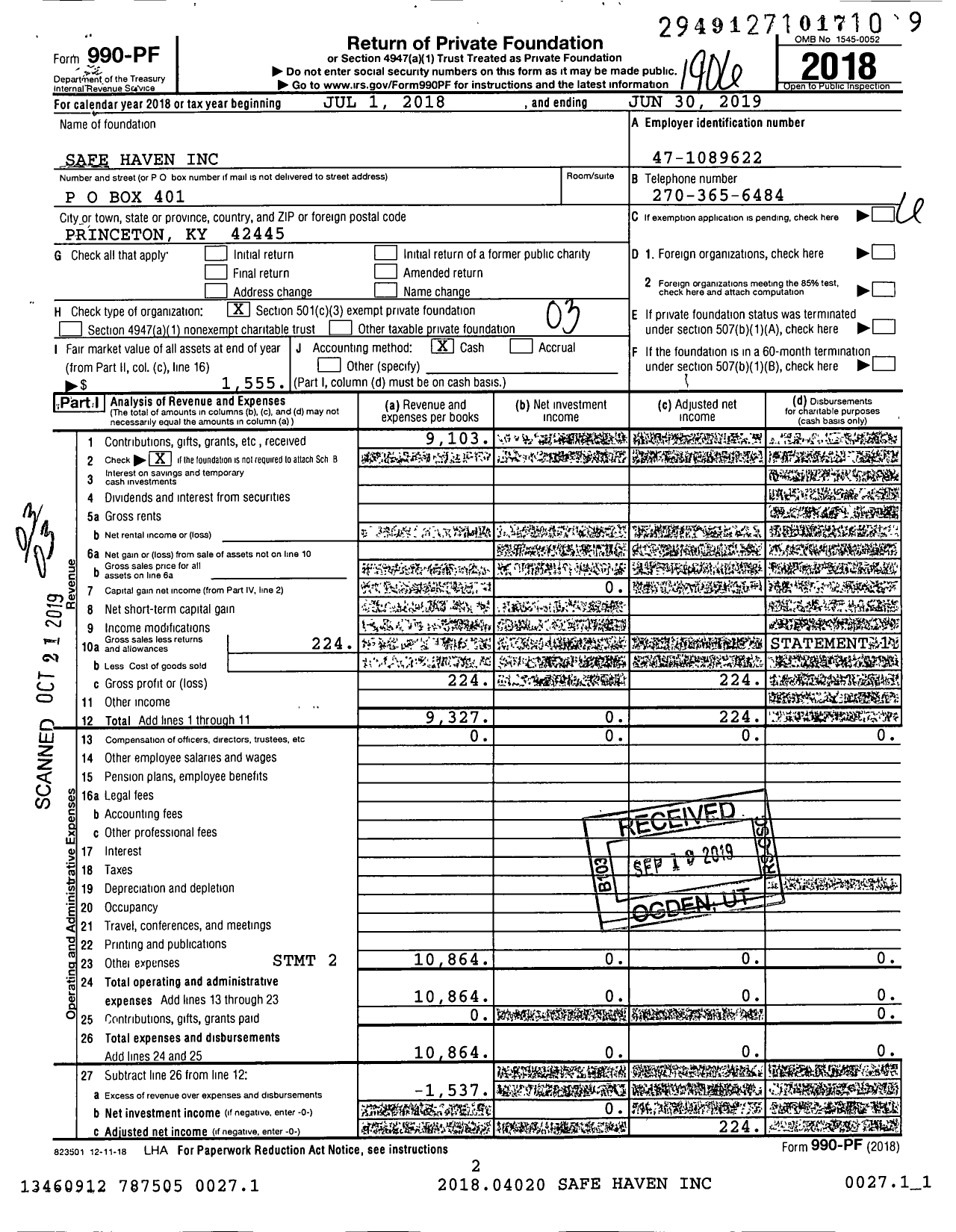 Image of first page of 2018 Form 990PF for Safe Haven