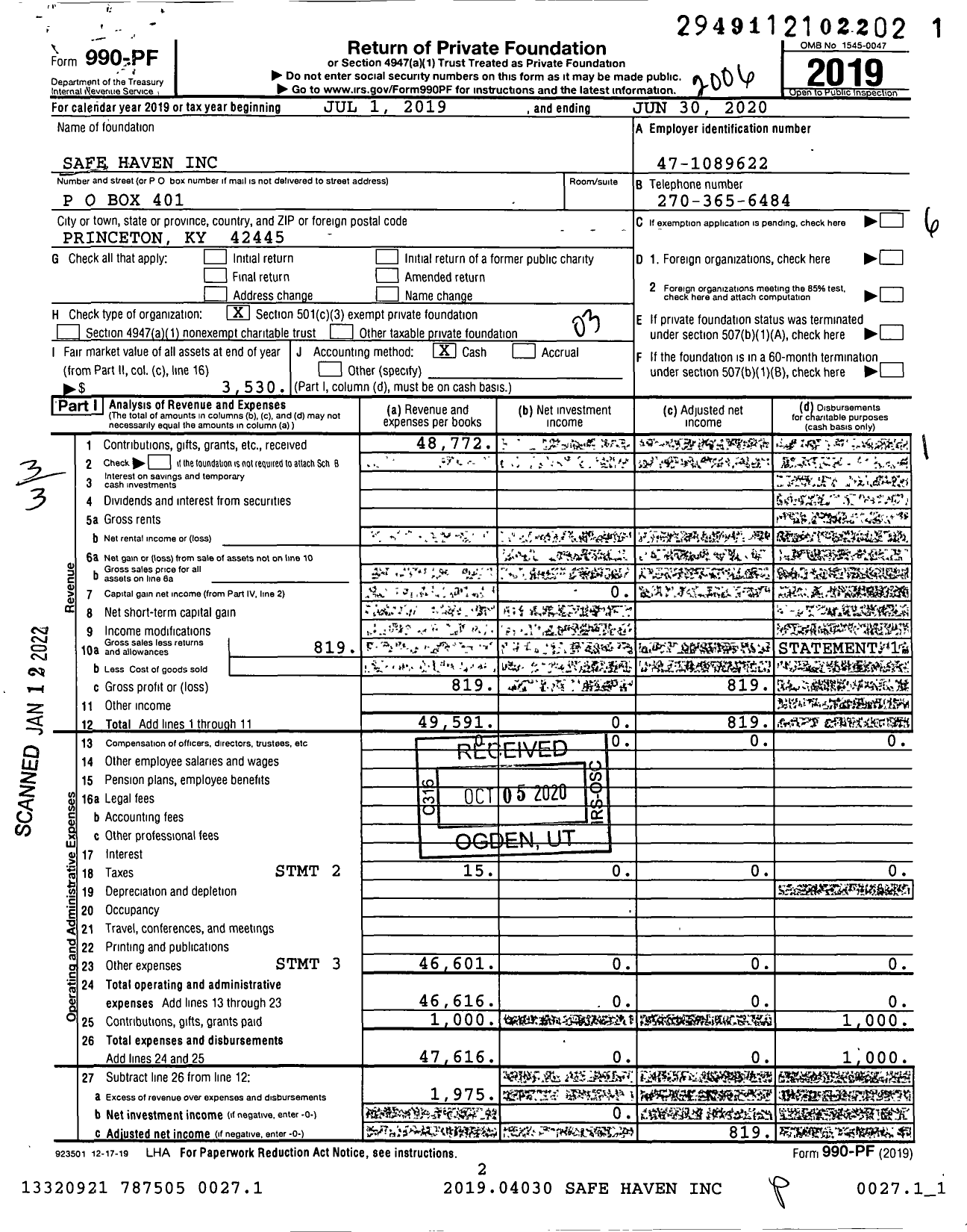 Image of first page of 2019 Form 990PF for Safe Haven