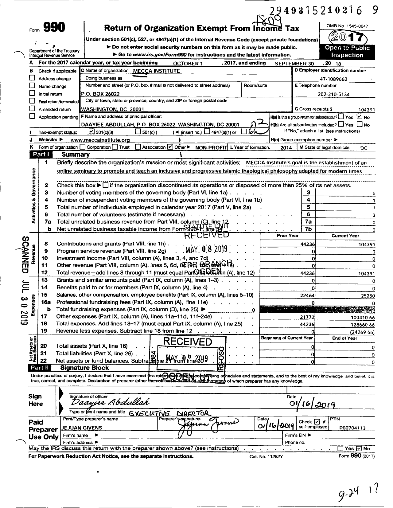 Image of first page of 2017 Form 990 for Mecca Institute