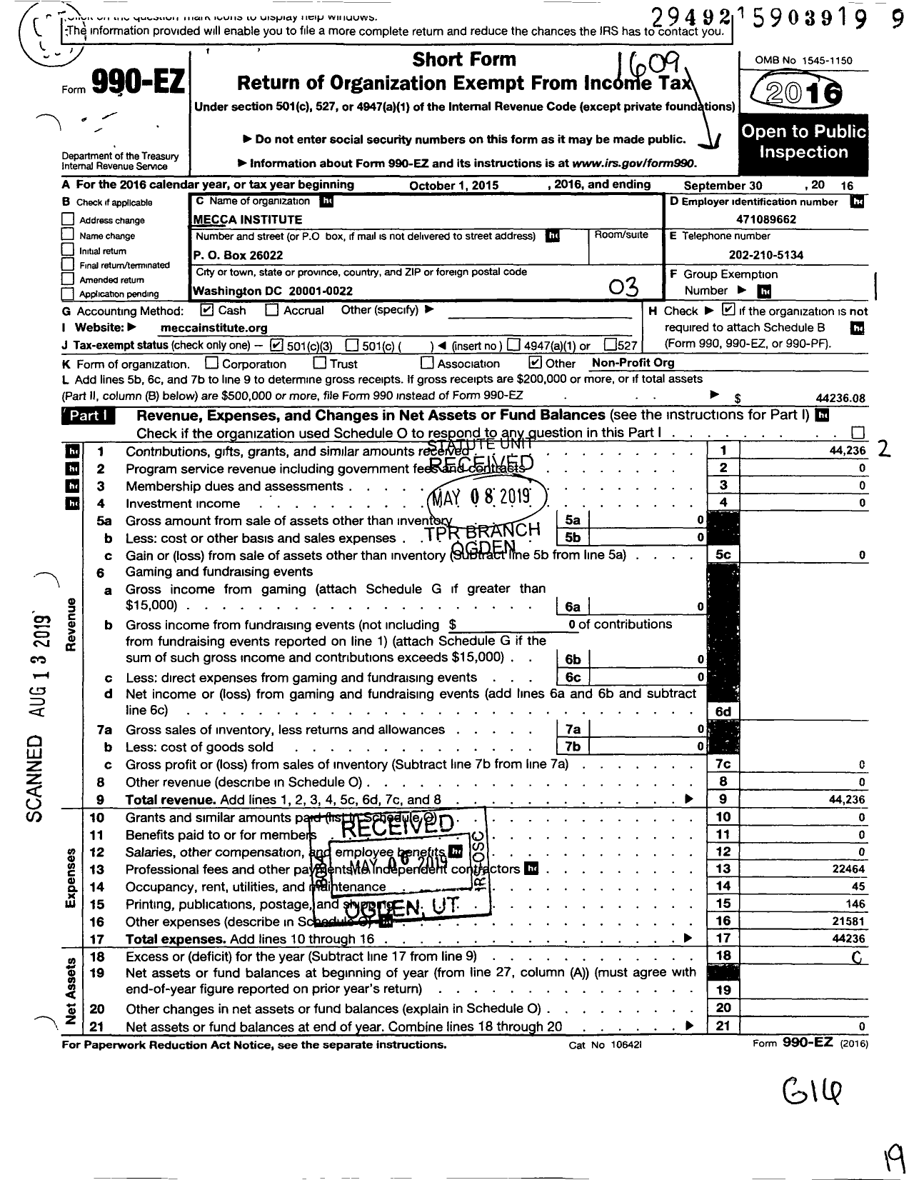 Image of first page of 2015 Form 990EZ for Mecca Institute